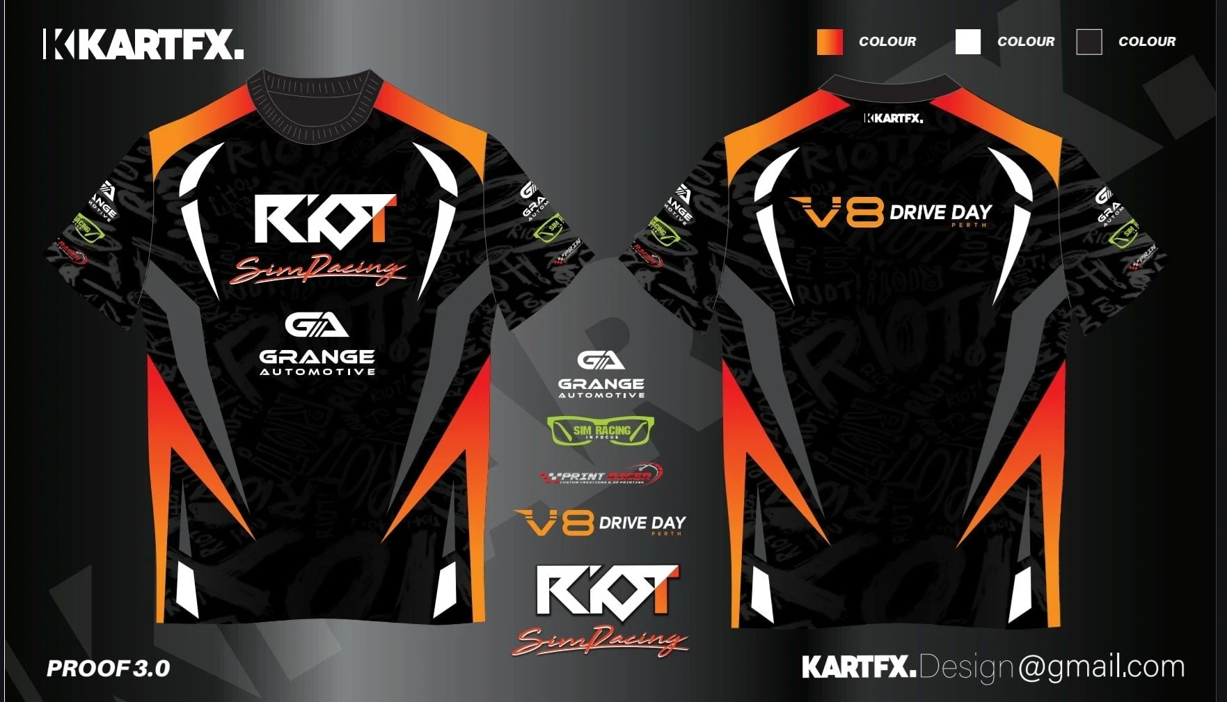 Digital rendering of a black racing jersey with orange, white, and gray accents, featuring multiple sponsor logos including "KART," "Grange Automotive," "V8 Drive Day Perth," and others, viewed from both front and back.