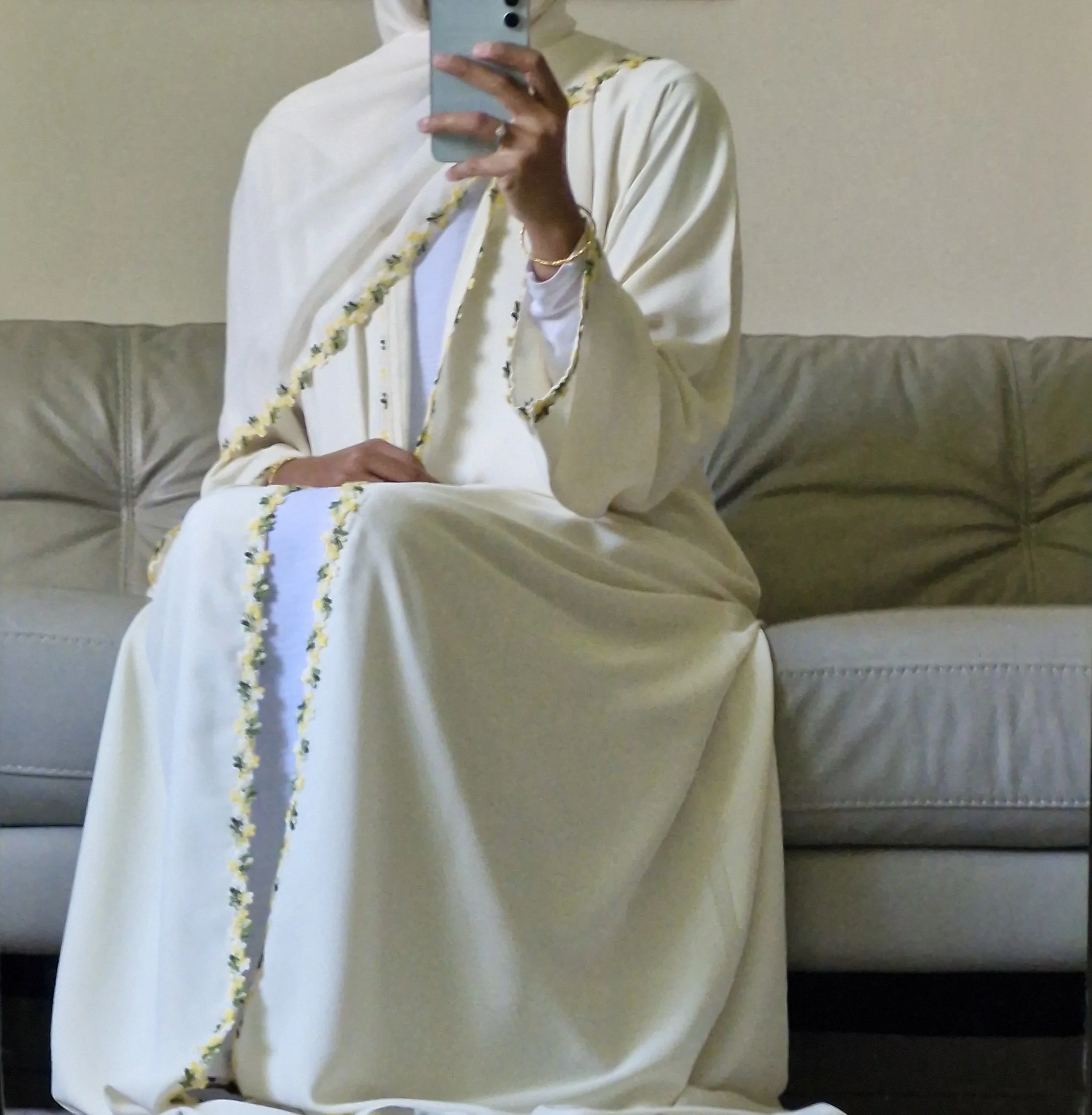 Pastel Yellow Bloom Open Abaya 58"