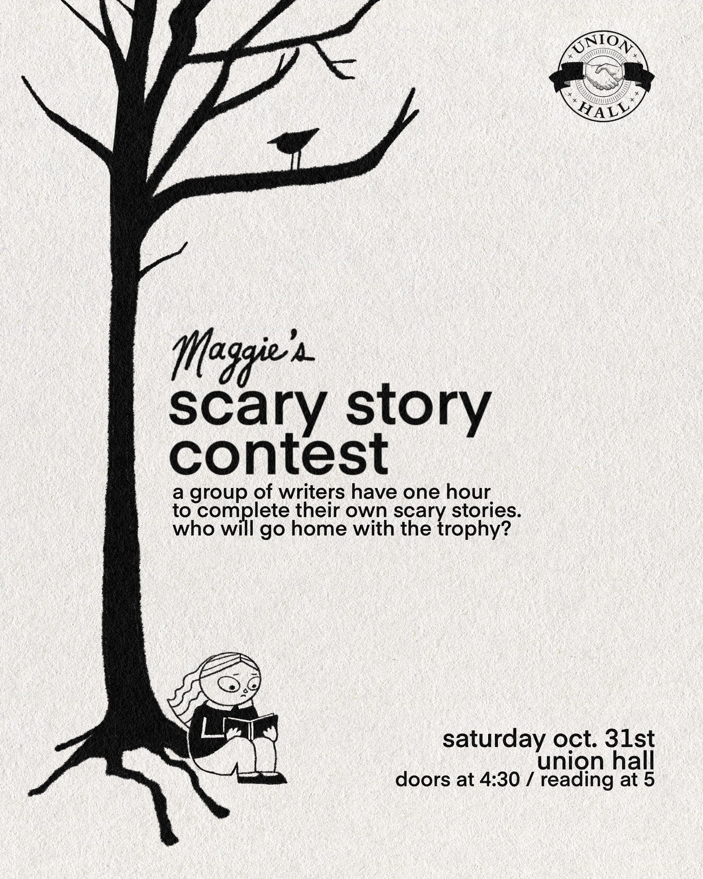 A black and white illustration of a girl reading a book under a tree with a bird perched on a branch. The image includes some text about a scary story contest happening on Saturday, October 31st, at Union Hall.