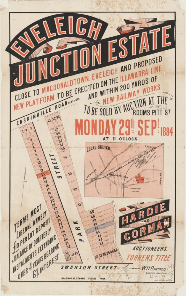 A vintage poster advertising the sale of land in Eweleich Junction Estate near Macdonaldtown, highlighting new railway construction and auction details for September 29, 1884.