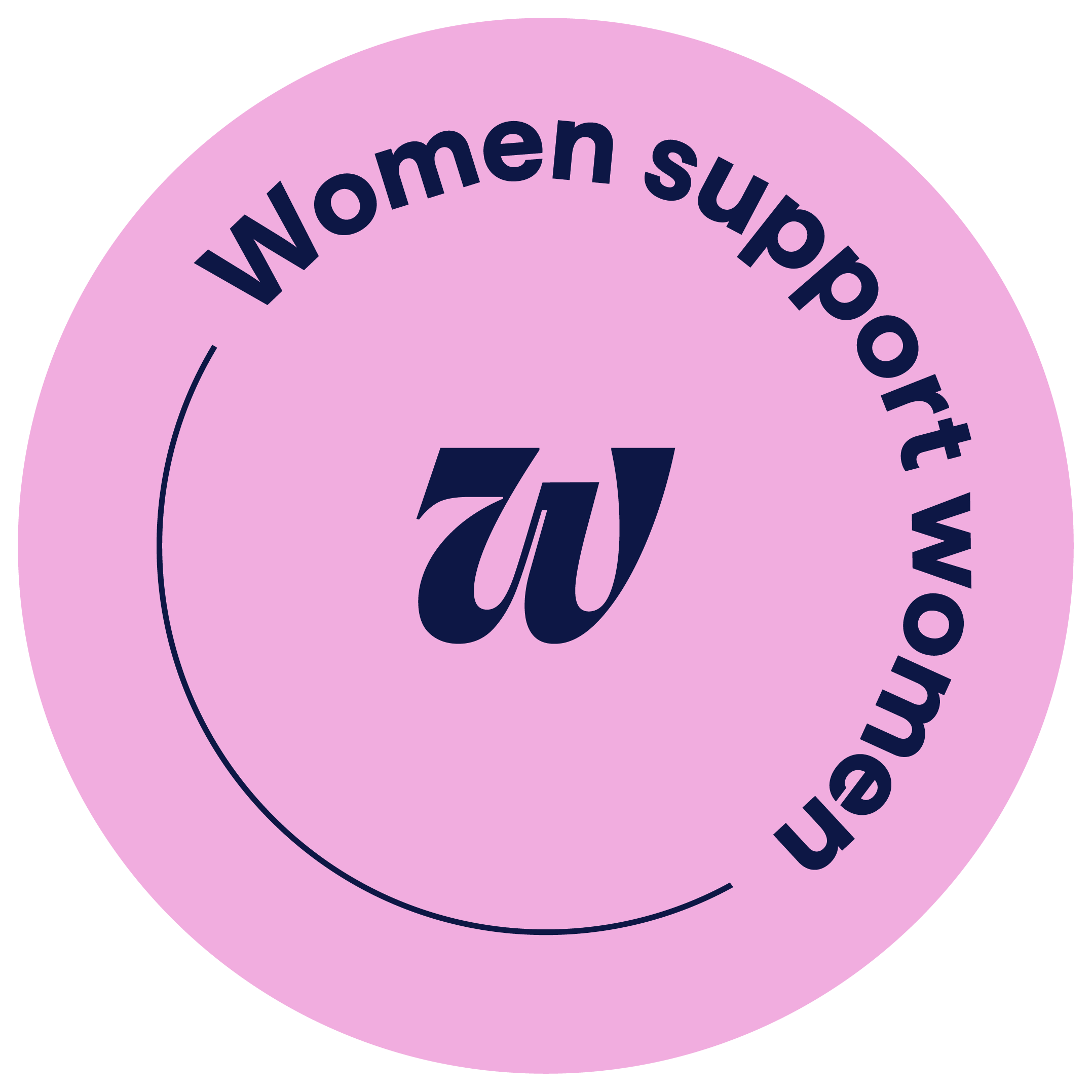 Pink circular badge with dark blue text that reads 'Women support women' and a stylized dark blue 'W' in the center.