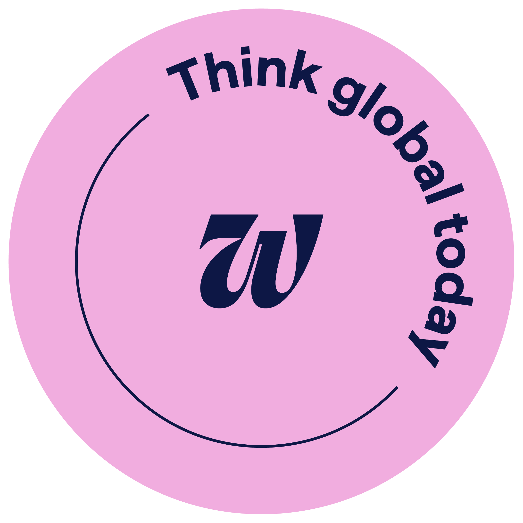 Pink circular badge with dark blue text saying "Think global, act locally" and a stylized "W" logo in the center.