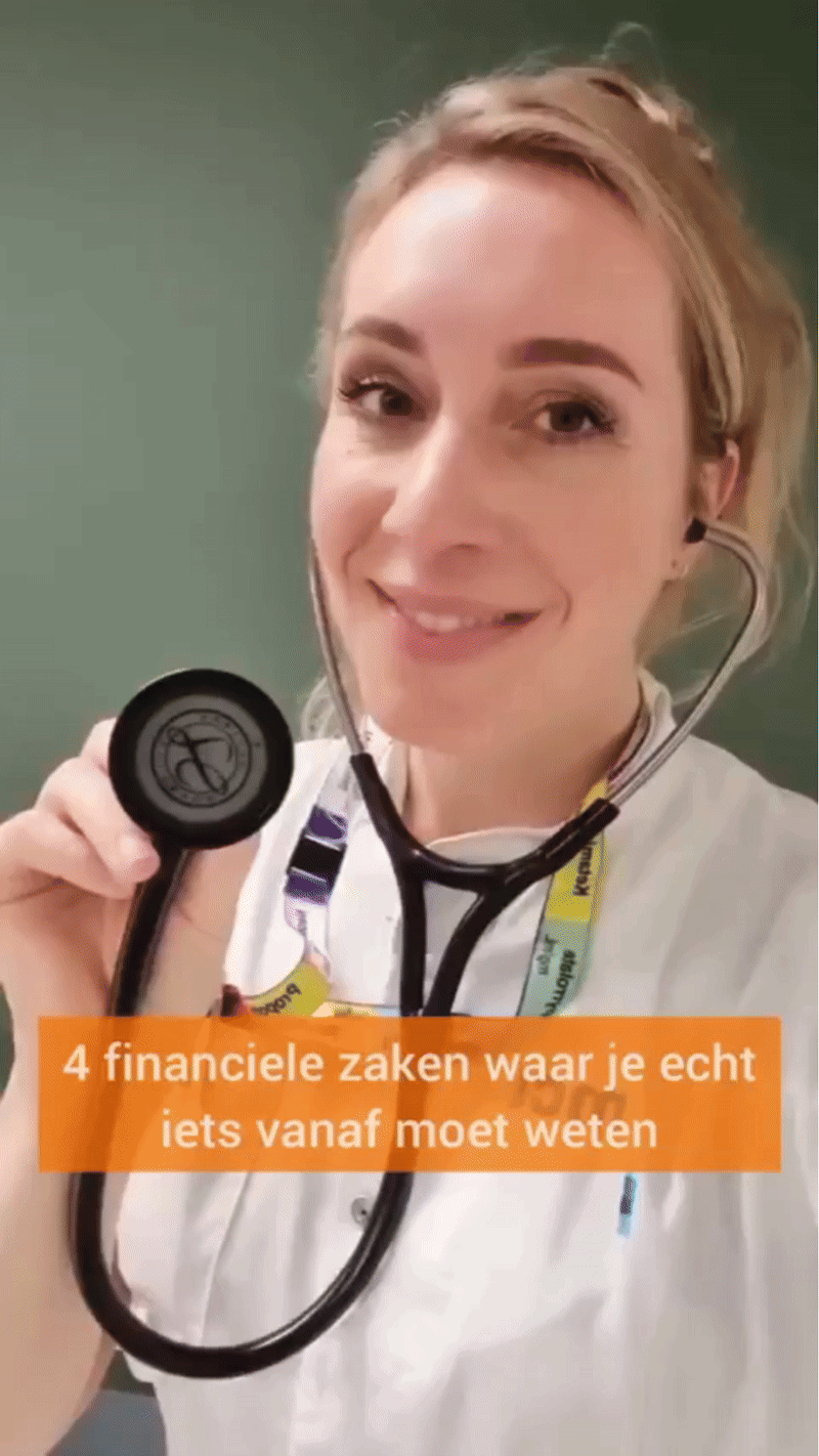 A smiling woman with blonde hair holding a stethoscope, wearing a white medical coat, with Dutch text overlay about financial advice.