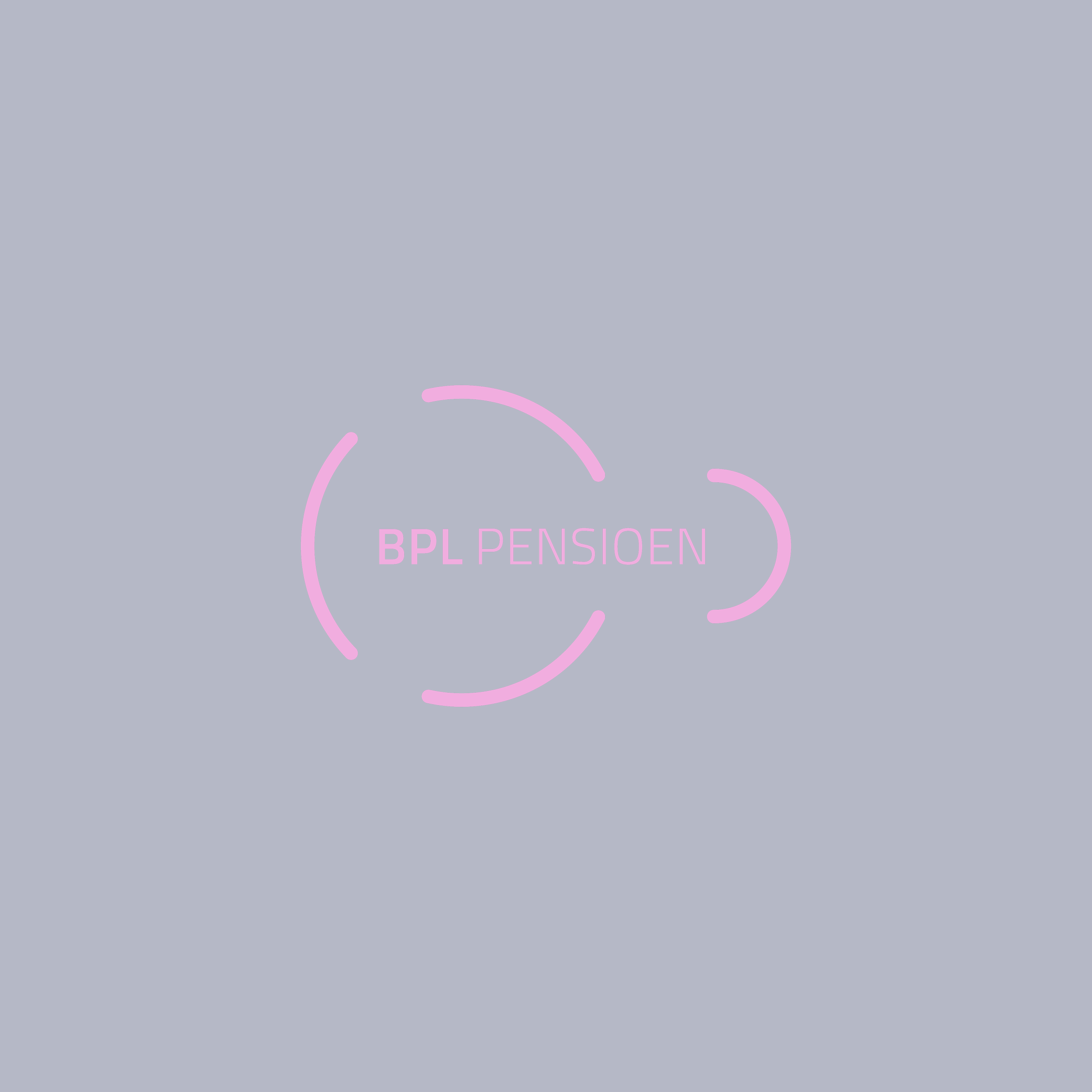 Logo with the words 'BPL PENSIOEN' in pink, surrounded by pink curved lines on a dark blue background.