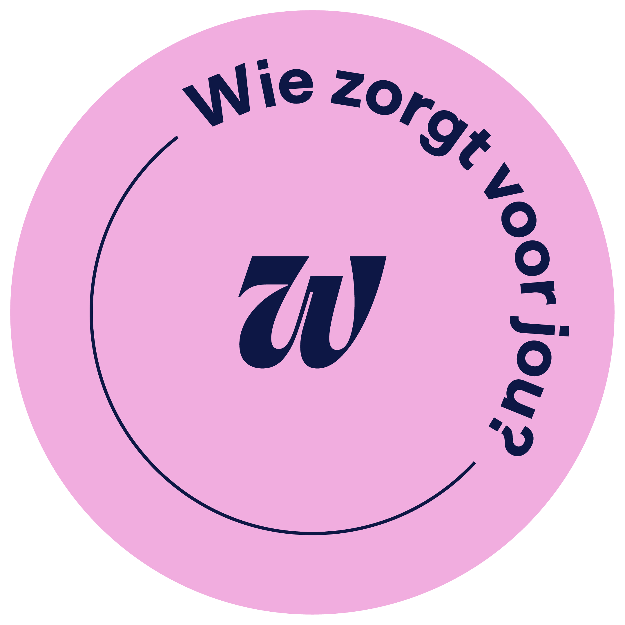 Pink circular logo with navy blue text 'Wie zorgt voor jou?' and a stylized navy blue 'w' in the center.