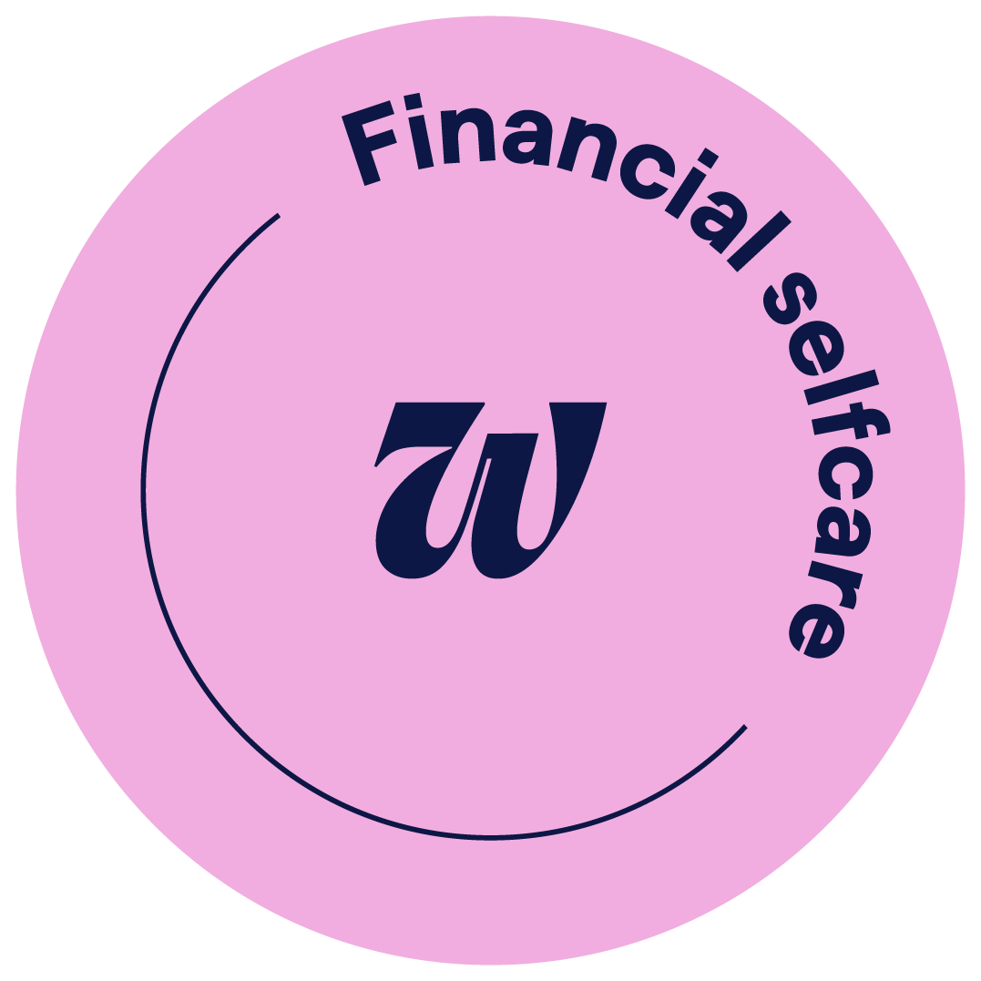 Pink circular logo with the words "Financial Self-care" curved around the top, and a stylized "W" in the center.