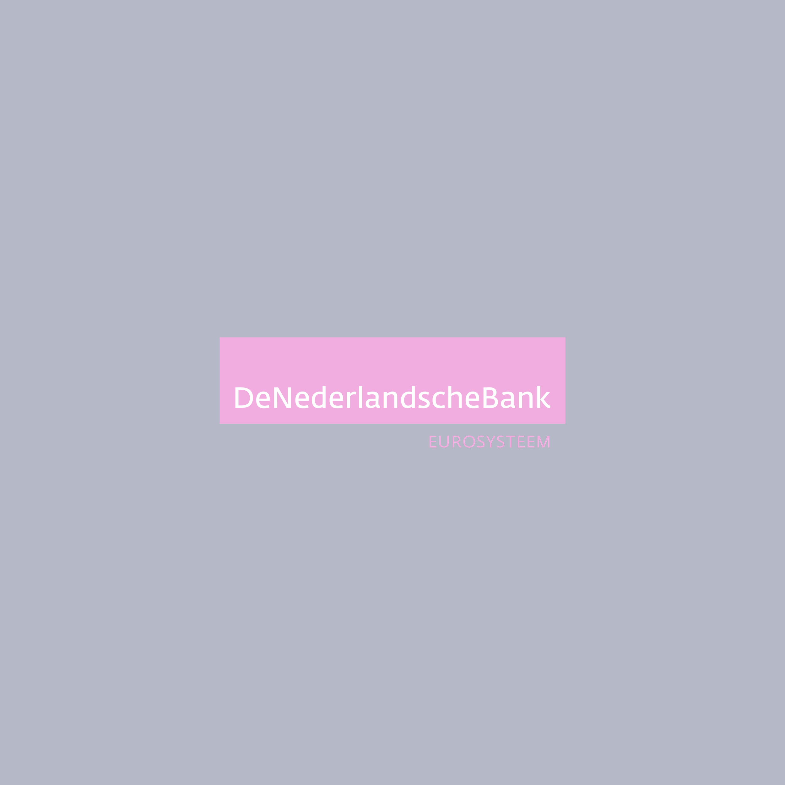 Cover slide of a presentation with a navy blue background. Pink rectangle with white text reads 'DeNederlandscheBank'. Below, small purple text says 'EUROSYSTEM'.