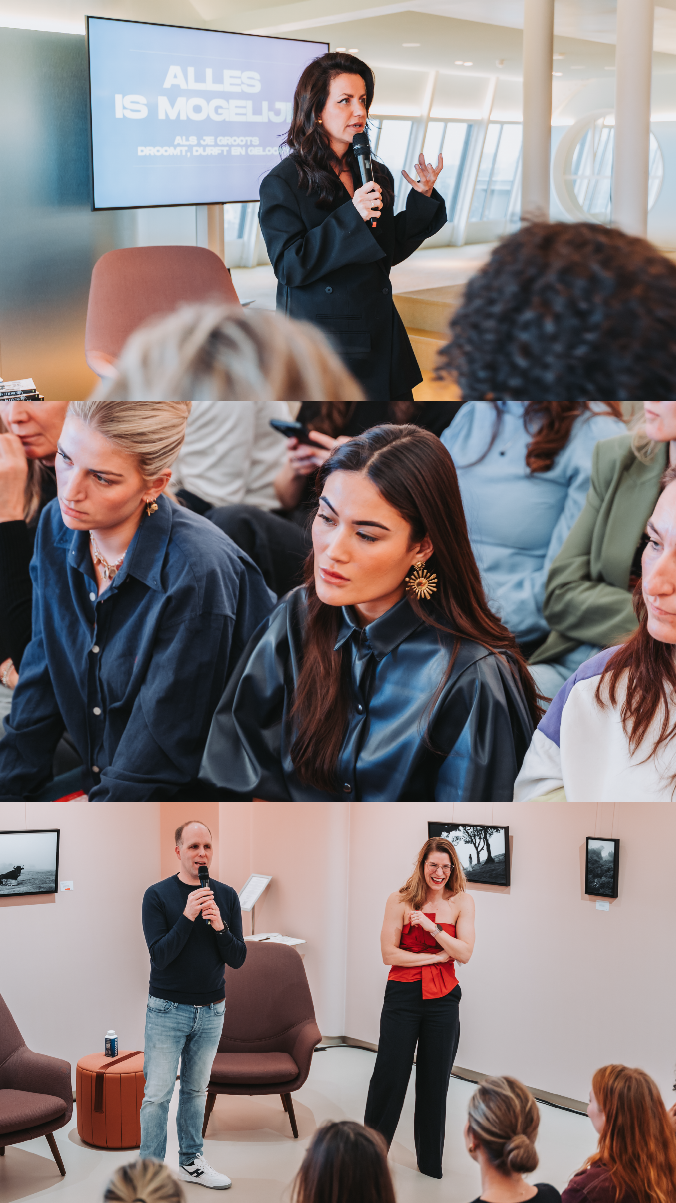 Three separate images of people giving presentations and listening at an event or conference. In the first image, a woman in a black suit holds a microphone and gestures while speaking behind a television screen displaying the phrase 'Alles is mogelijk.' In the second image, a group of women are seated indoors, attentively listening, some using their phones. In the third image, a man and a woman are on stage giving a presentation in an art gallery space, with the audience watching.