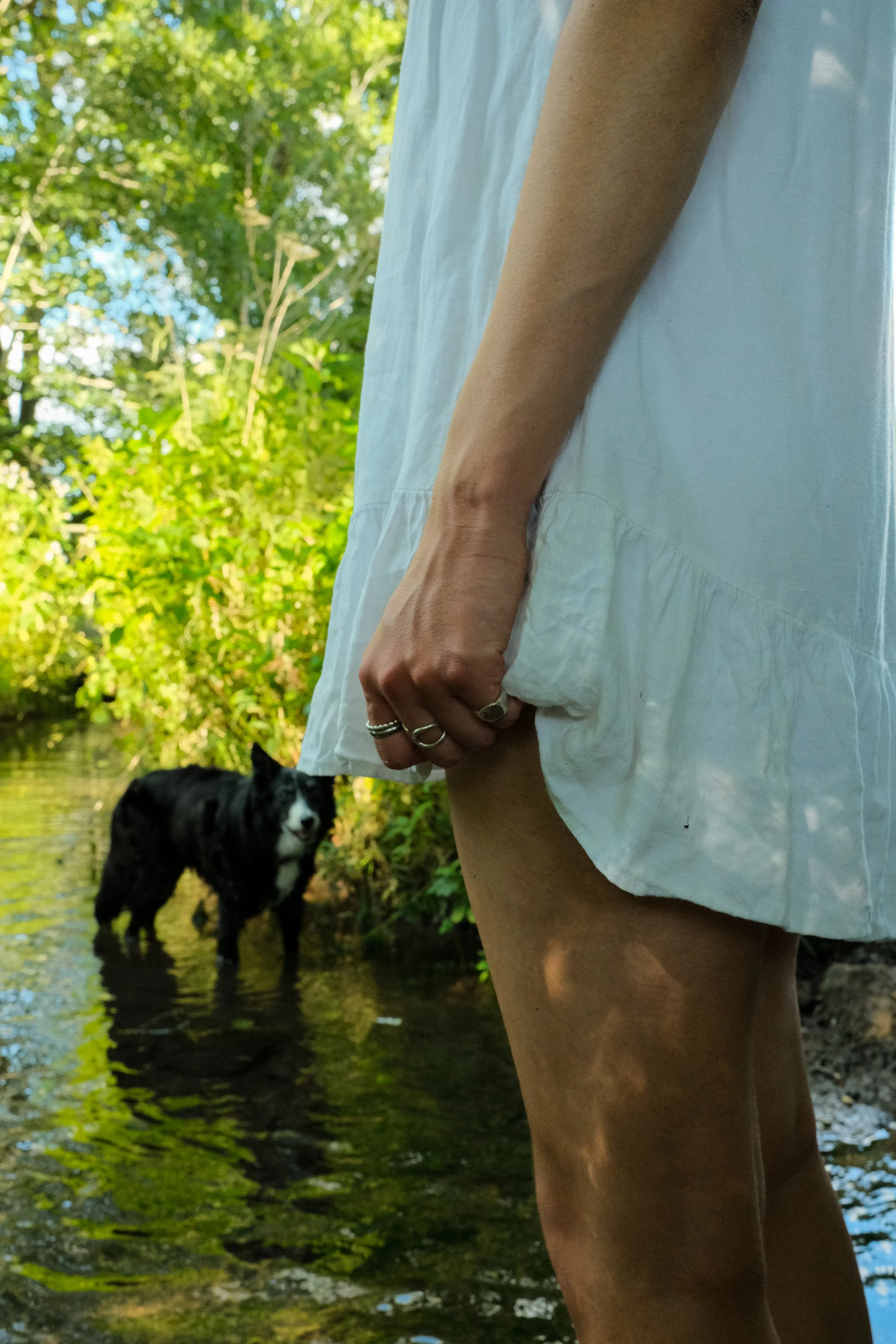 A girl and her dog standing together in the sun