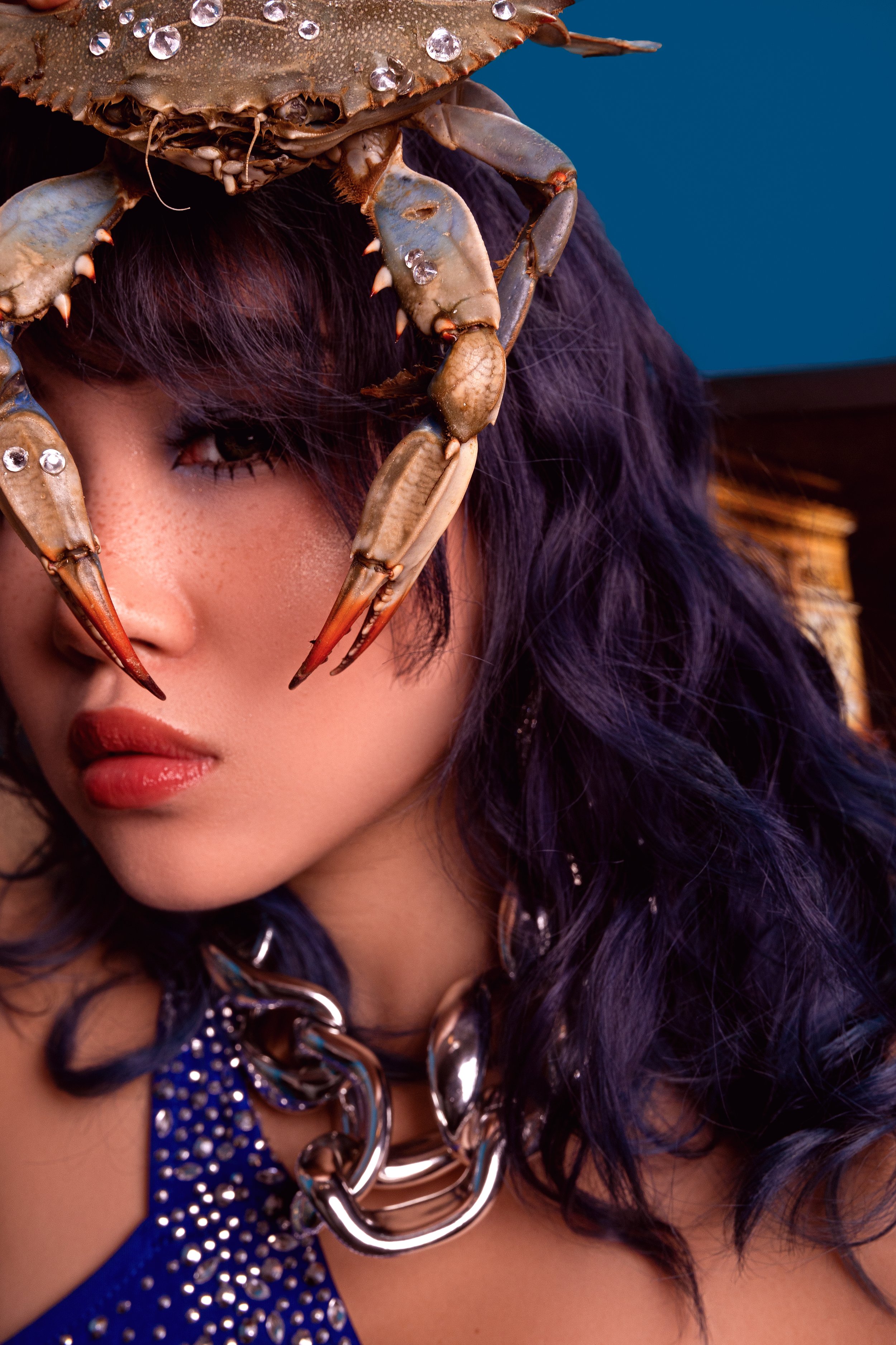 A woman with dark purple hair and makeup, wearing a large silver chain necklace and a blue top with rhinestones, is wearing a large decorated crab on her head.
