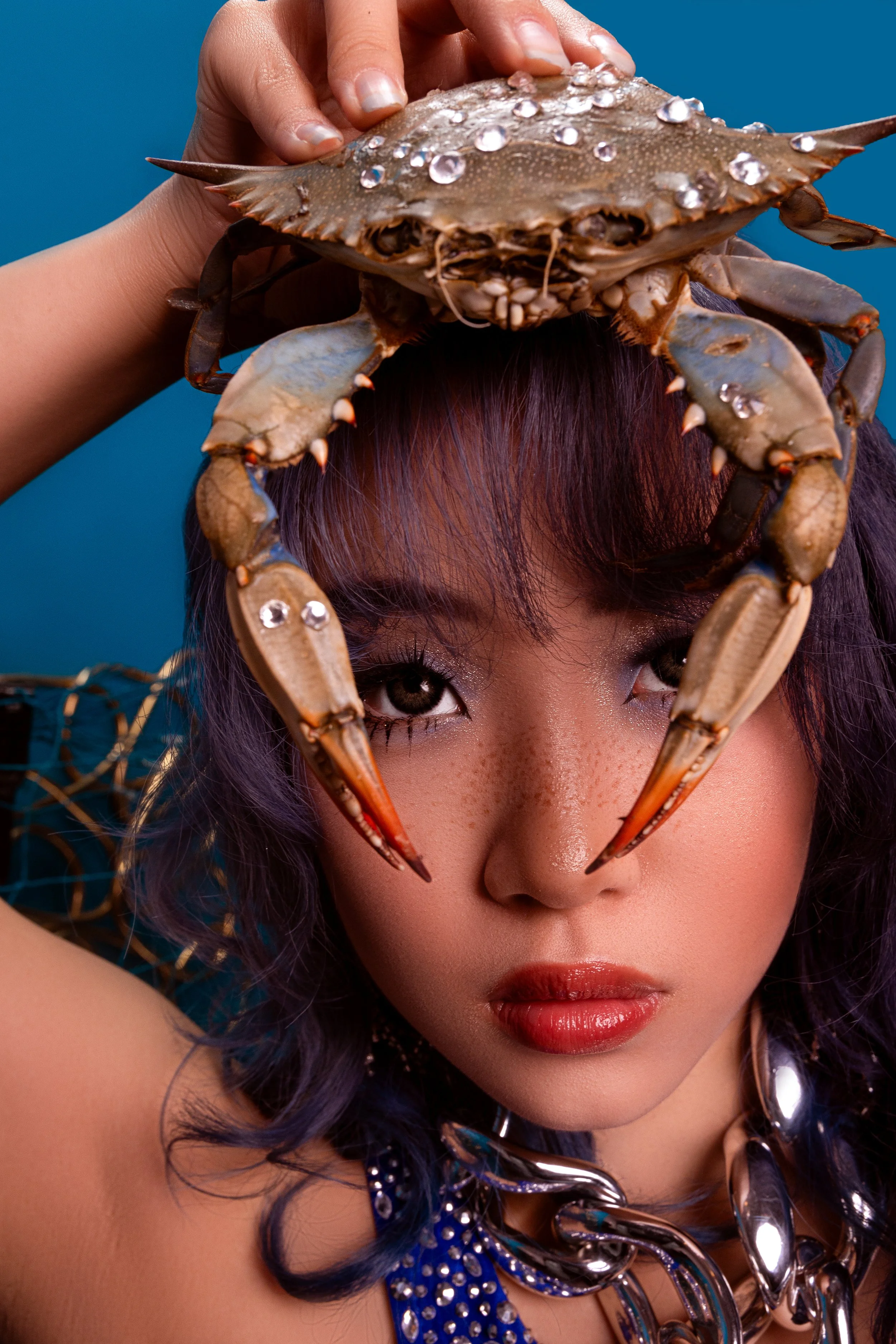A woman with purple hair holding a crab above her head, close to her face, with a blue background.