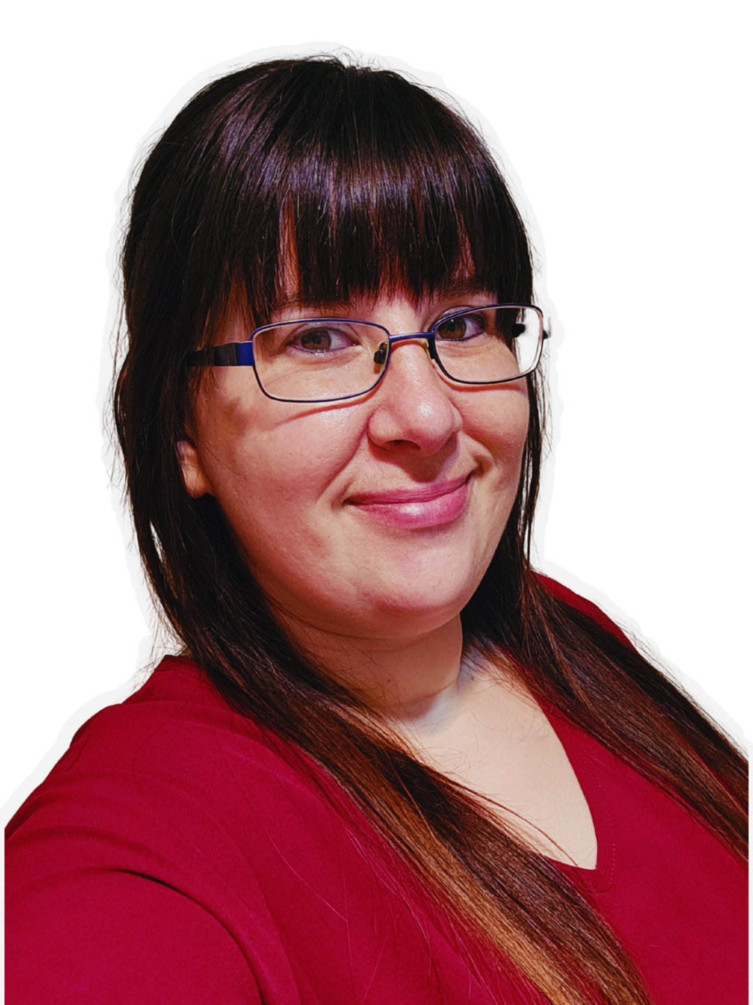 A woman with dark brown hair, wearing glasses and a red shirt, smiling at the camera.