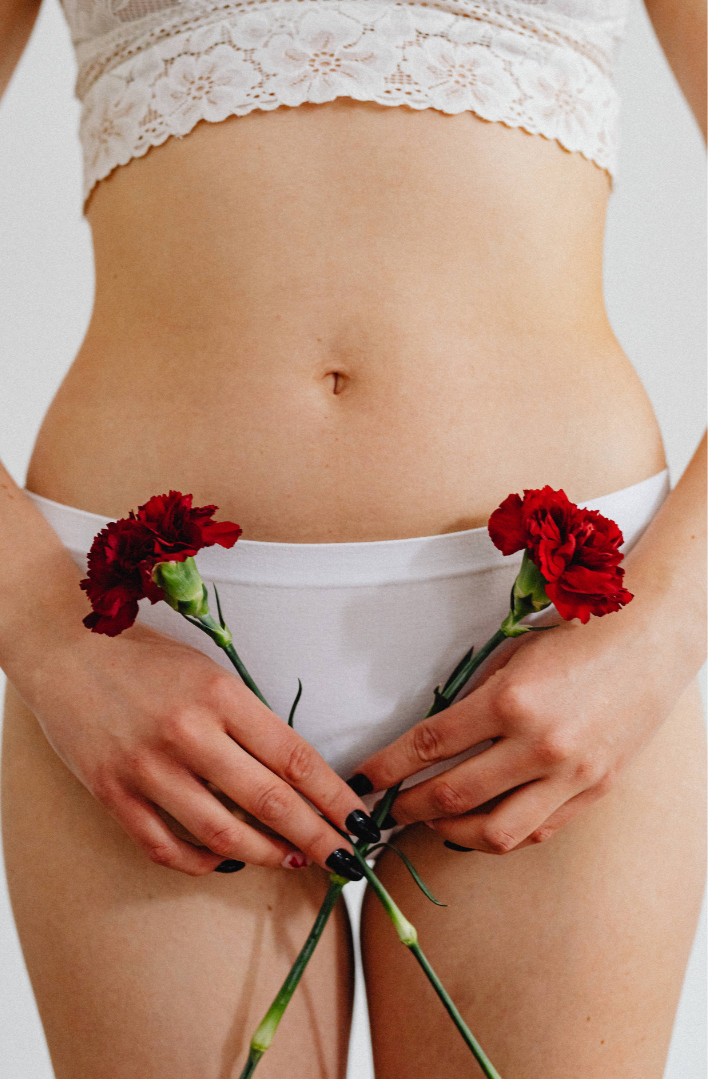 Close-up of a woman's torso holding two red carnations in front of her white underwear, with a lace white top, creating a heart shape with the flowers.