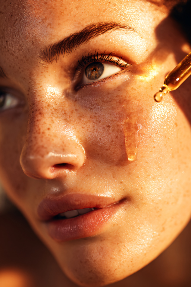 Close-up of a young woman's face with drops of facial oil or serum being applied around her eye area.