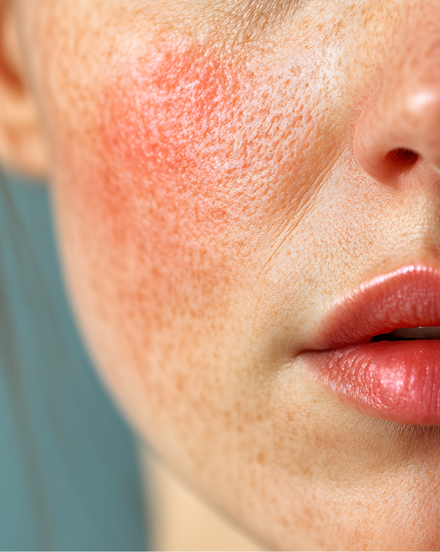 Close-up image of a person's cheek showing redness and irritation.