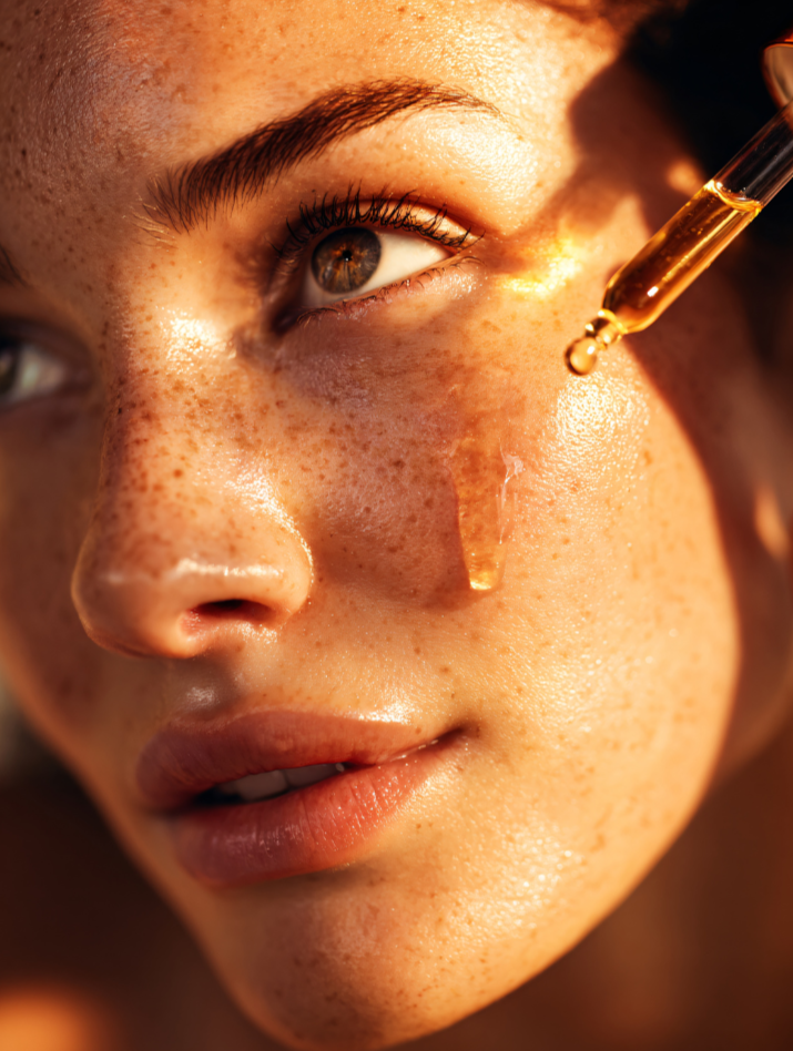 A close-up of a woman with freckles applying facial serum with a dropper to her cheek.
