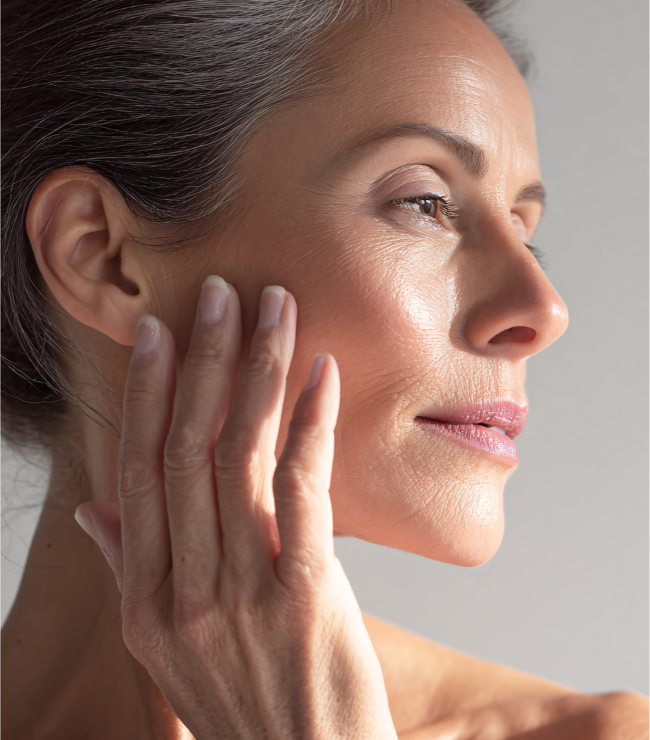 Close-up of a mature woman gently touching her cheek with her hand, showcasing her clear, glowing skin.