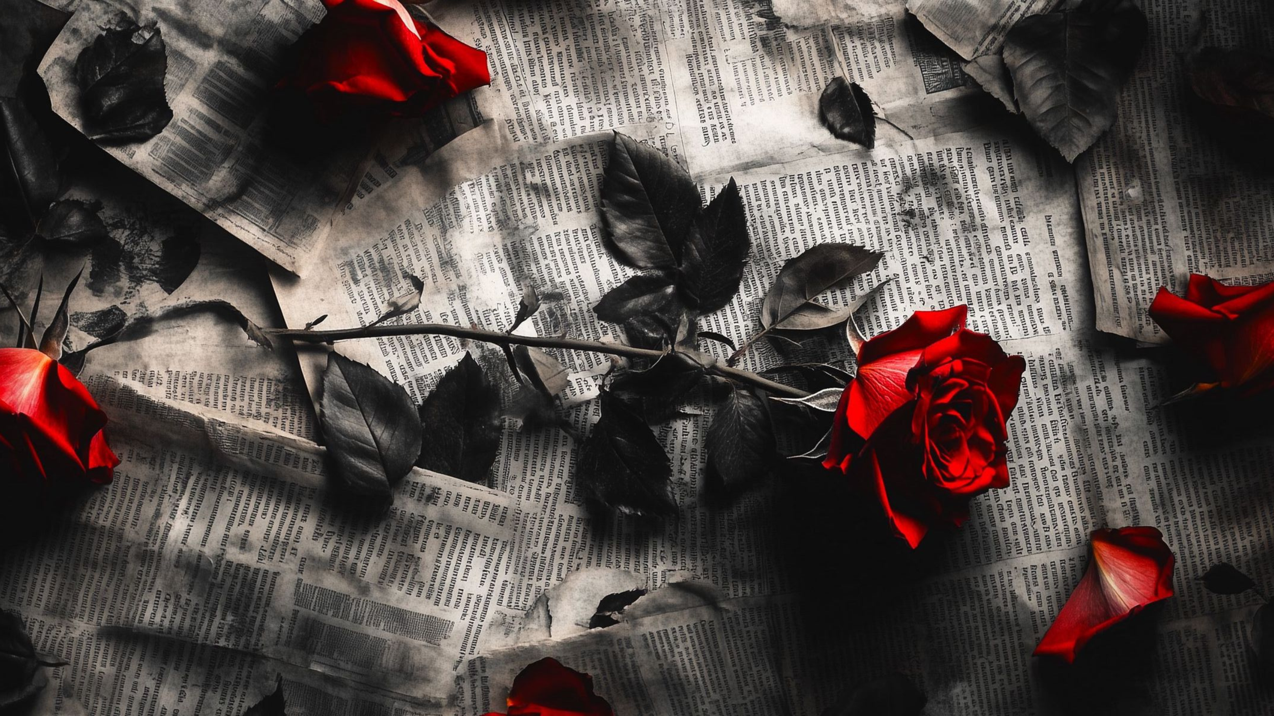 Red roses and black leaves on torn newspaper pages.