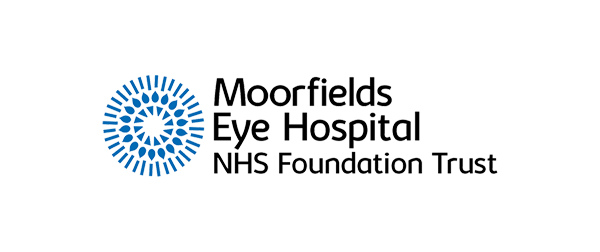 Moorfields Eye Hospital NHS Foundation Trust logo with a blue circular eye symbol and black text.