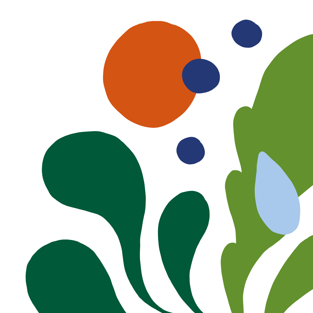 Disegno astratto di forme colorate con cerchi blu, un cerchio grande arancione, e foglie verdi con una goccia blu, su sfondo nero. Orto di Alfiero Marina di Massa.