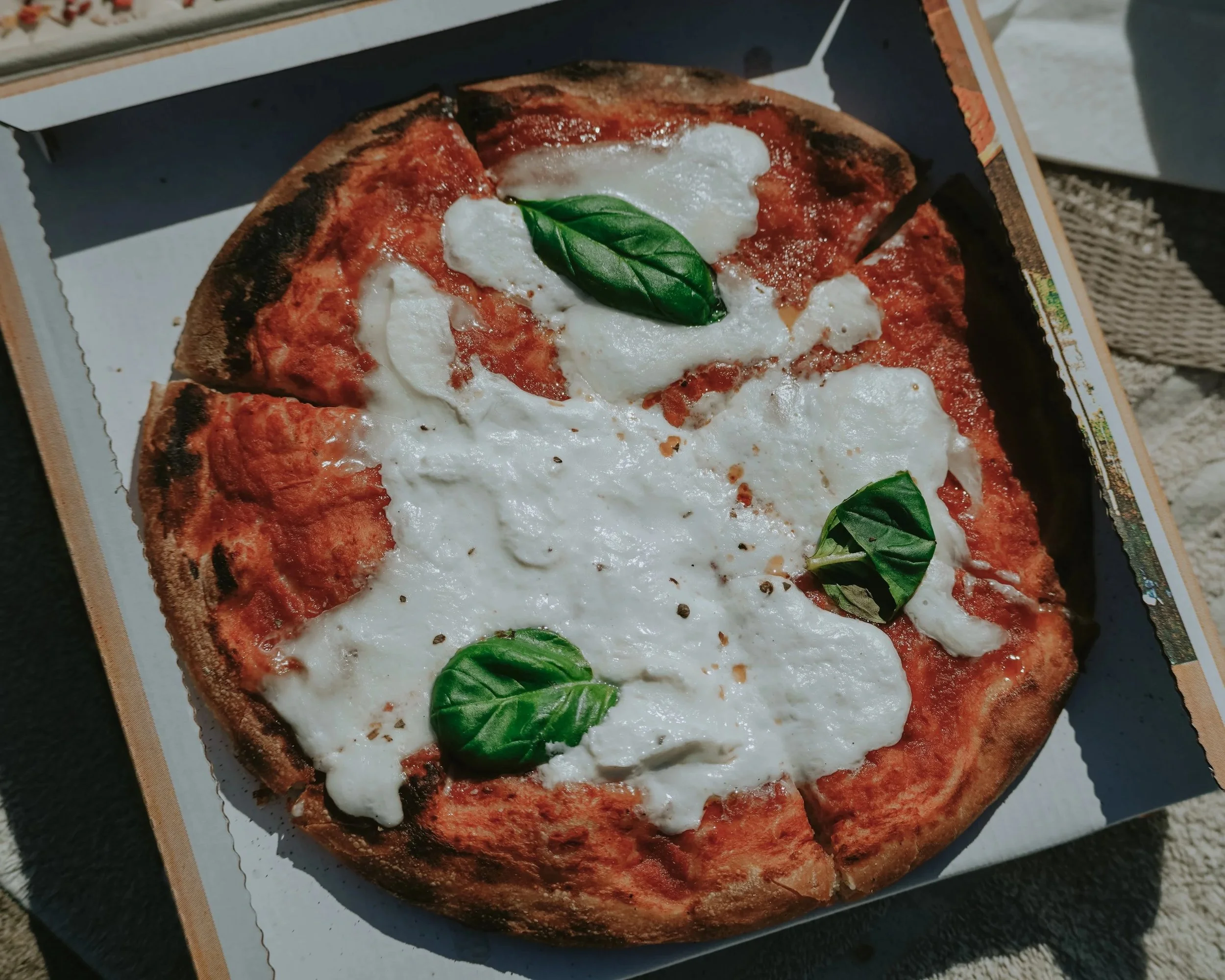 Pizza margherita con mozzarella, pomodoro e basilico. Pizzeria Alfiero Orto di Alfiero Marina di Massa.