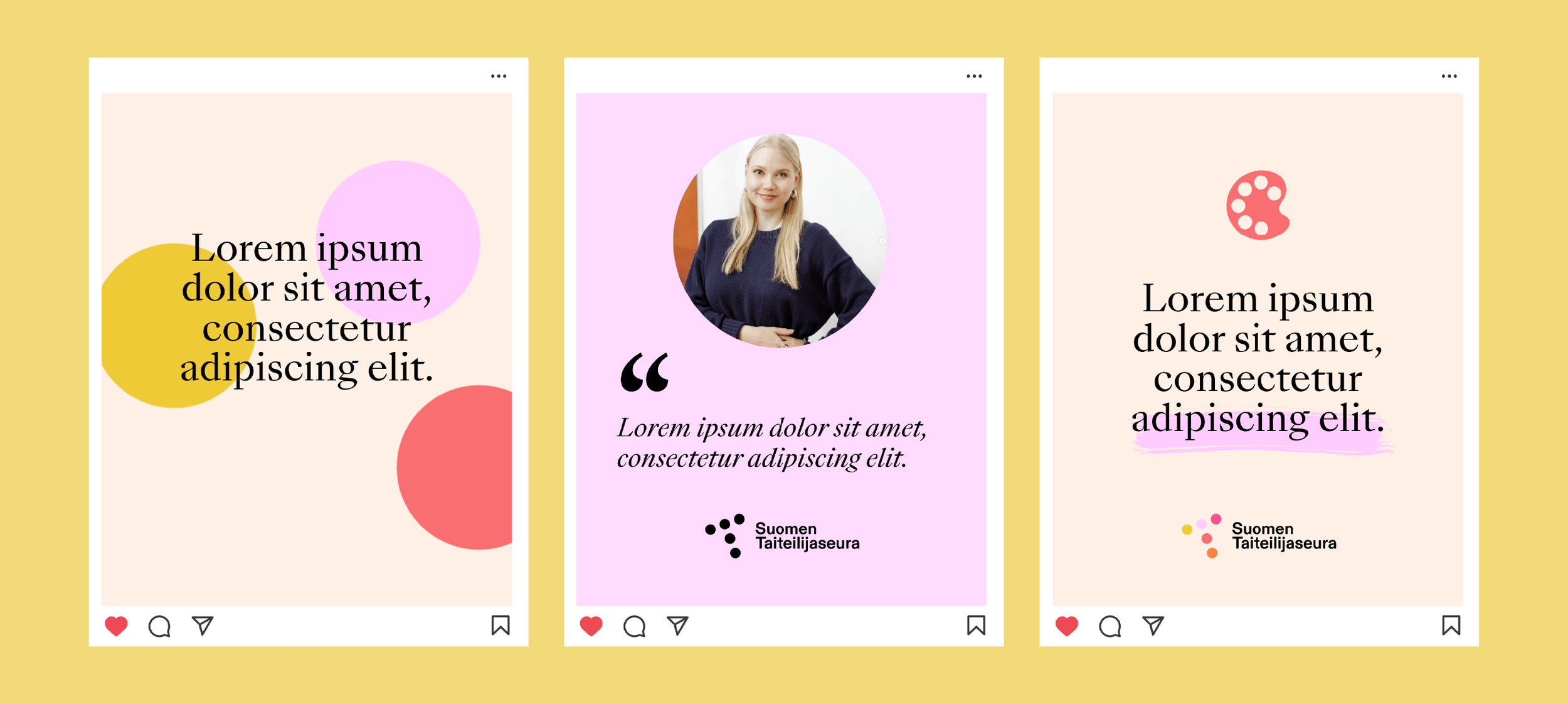 Keltaisella taustalla kolme somepostaus-kuvaa