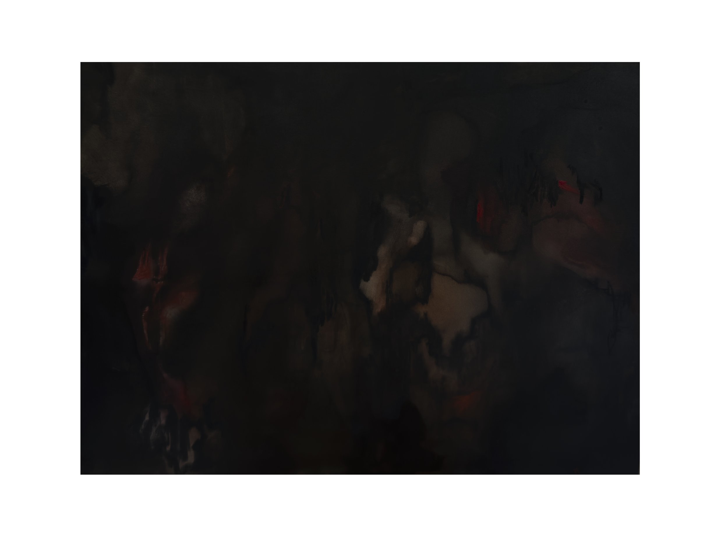 Dark abstract painting with splashes of red and black.