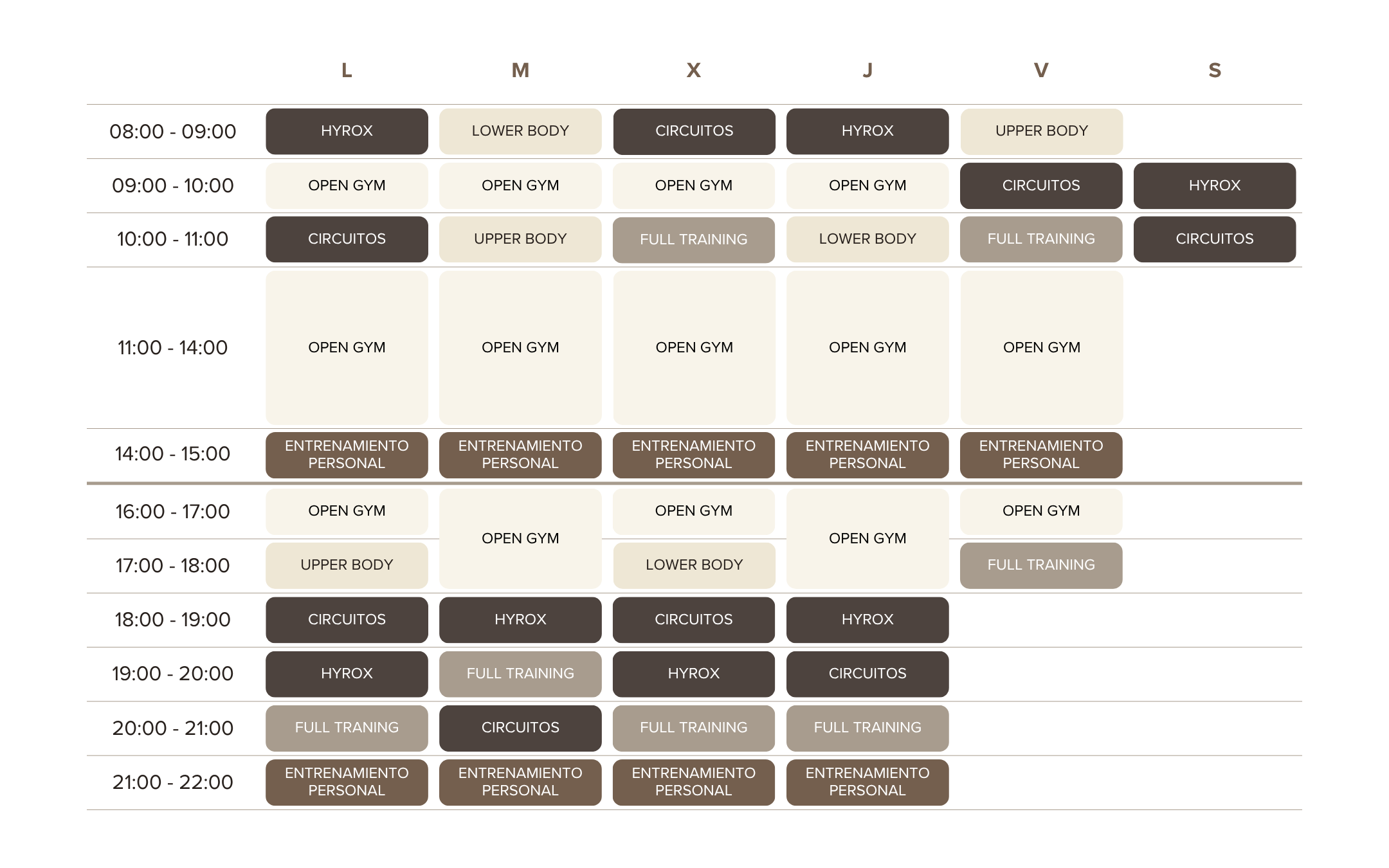 Horarios de entrenamiento y clases dirigidas en Sala Luna