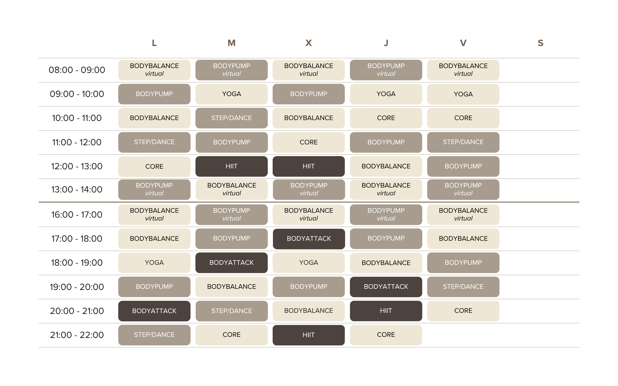 Horarios de entrenamiento y clases dirigidas en Sala Sol