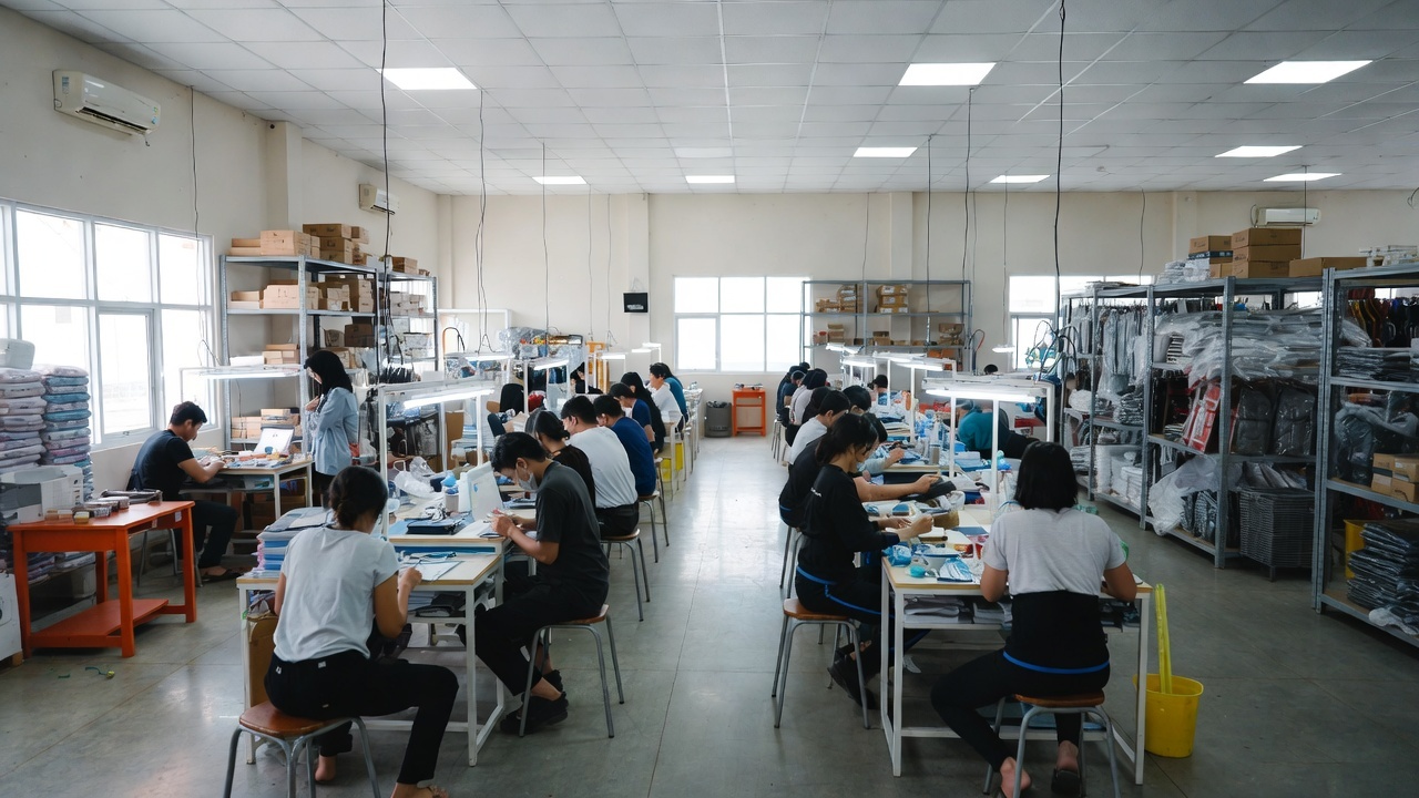 Image of indonesian people working in a bikini manufacturing warehouse. There is a working air conditioner and proper lighting. The workplace is clean and has no safety hazards.