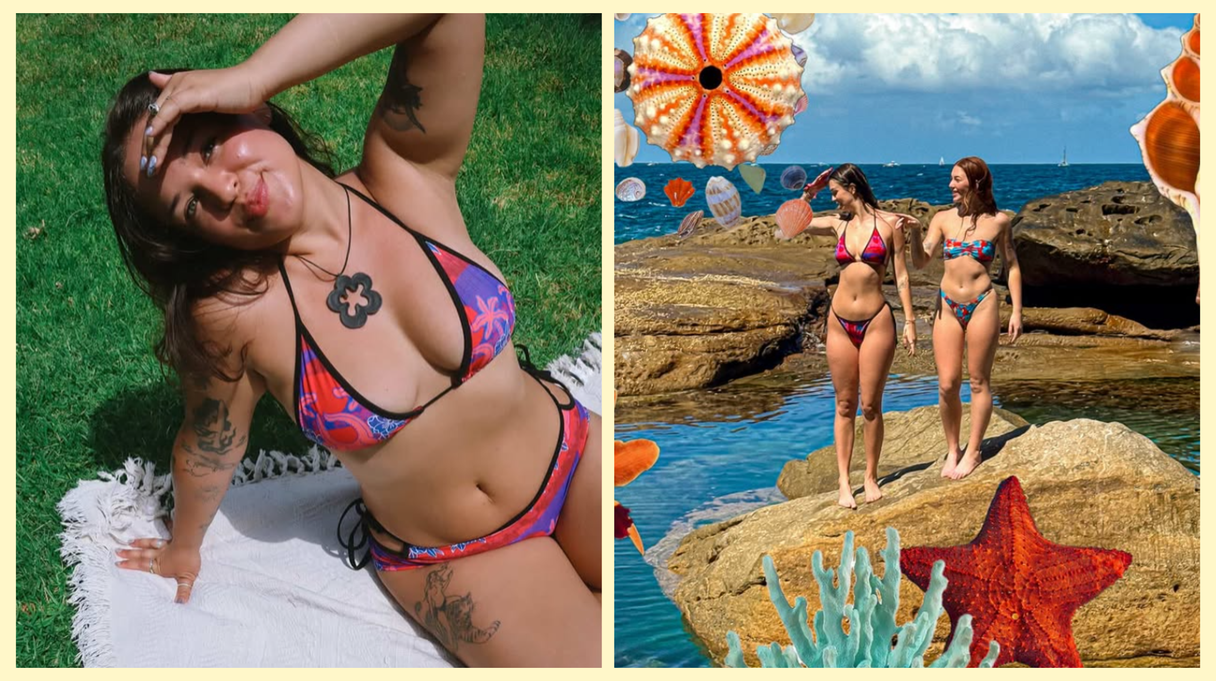 Image of a girl with a larger bust on the right and two girls with smaller bodies on the left. They are all wearing Love Stoner bikinis.
