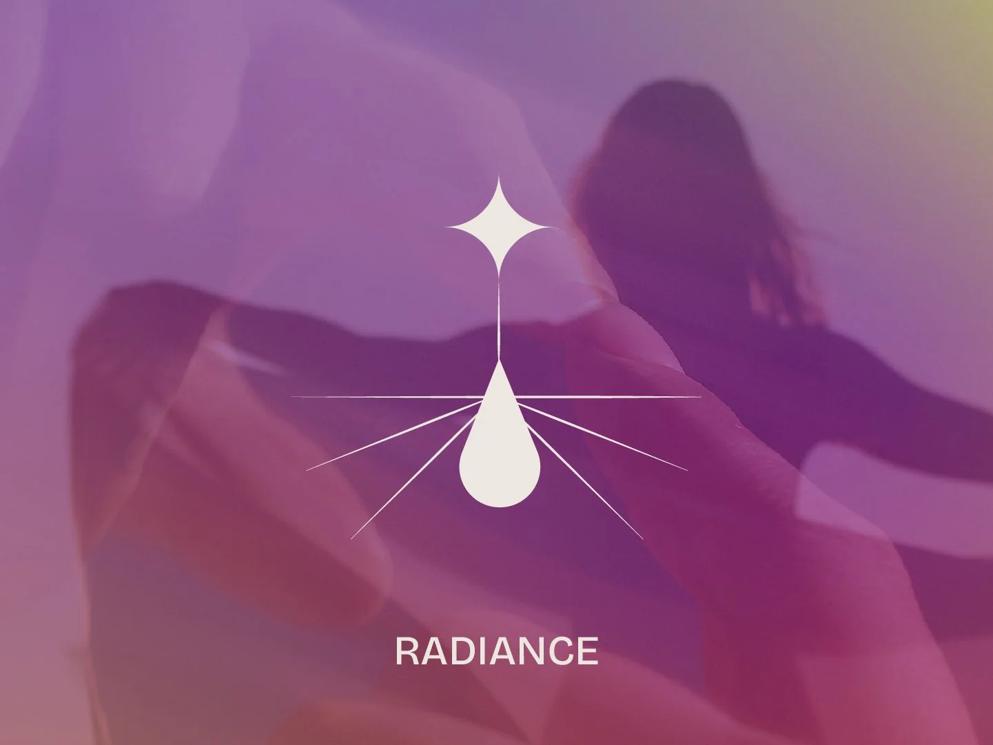 A person's silhouette is visible with one arm extended behind, over a background of blurred pink and purple hues. Overlaid is a white graphic of a droplet and starburst with the word 'Radiance' at the bottom.