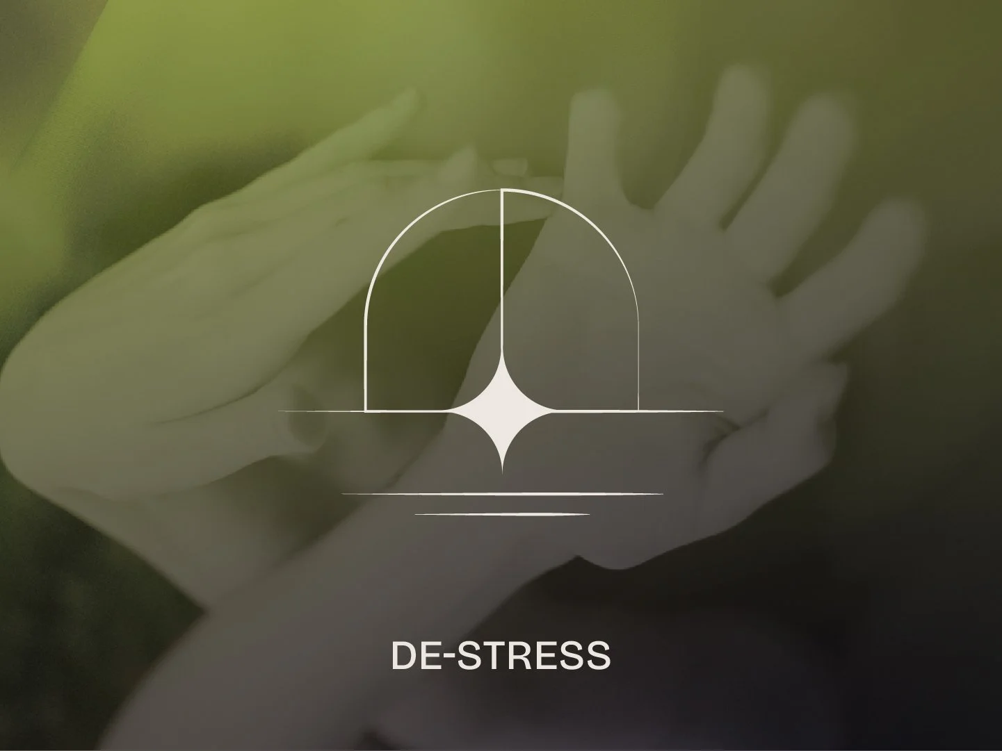 A hand making the 'peace' sign with the word 'DE-STRESS' below and a white geometric star in the center of the image.