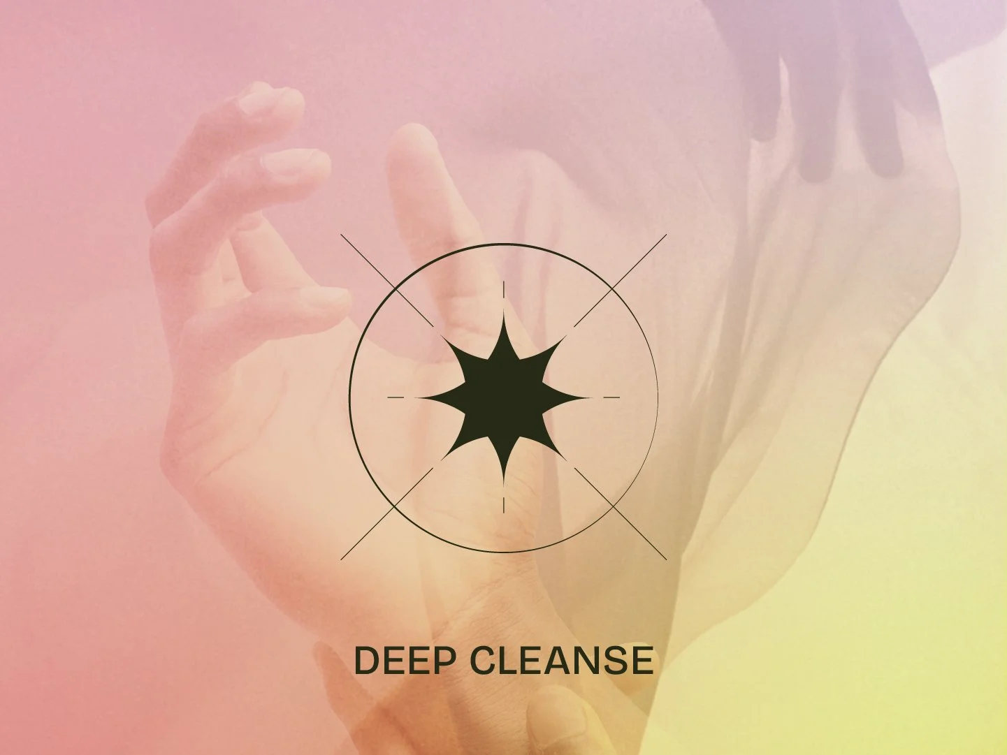 A woman in a light-colored shirt demonstrating a hand gesture, with a graphic overlay featuring a black starburst symbol in a circle and the words 'DEEP CLEANSE' beneath it.