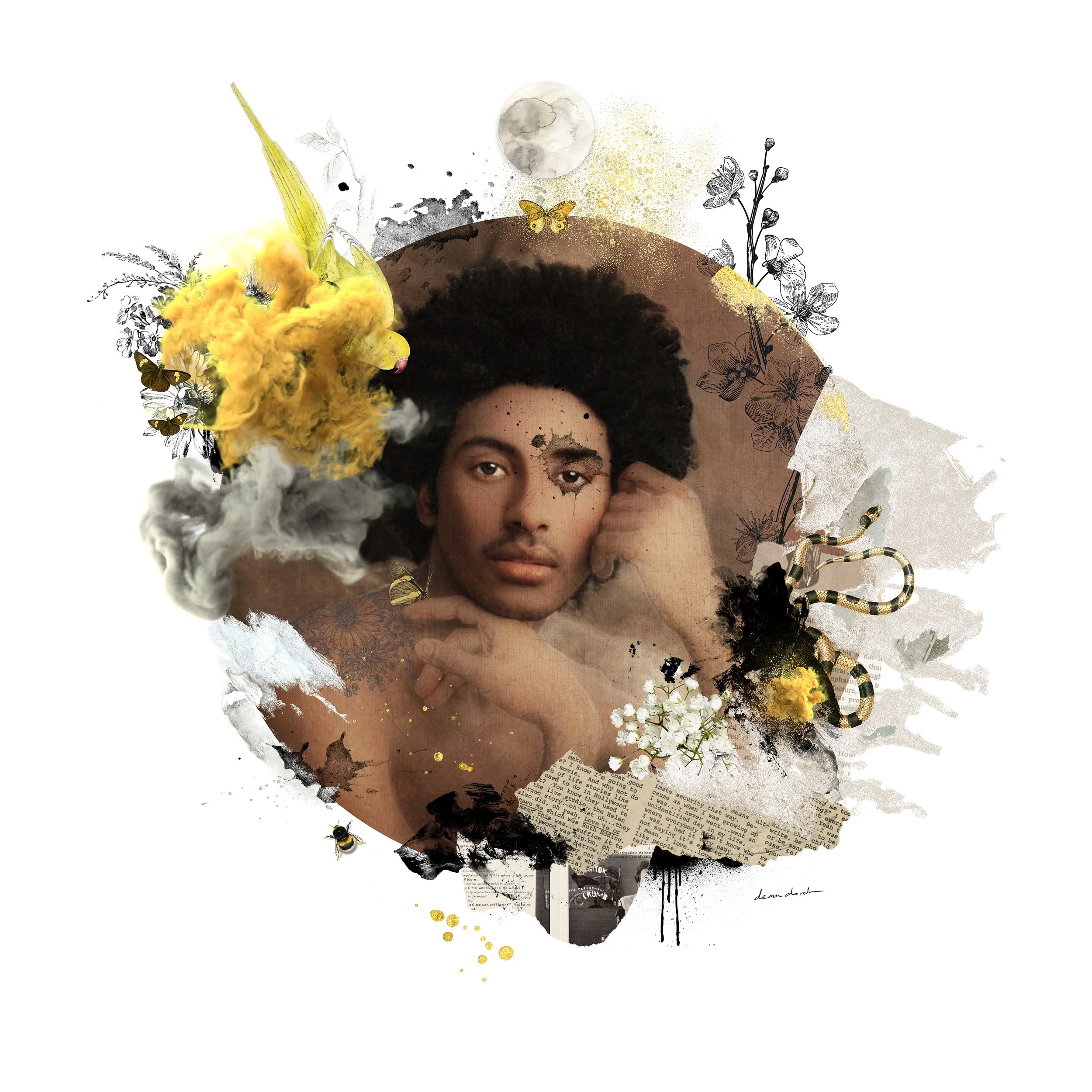 Portrait d'une personne entourée d'éléments artistiques tels que des fleurs, des abeilles, une lune, des nuages, et des éclaboussures de peinture dans un style collage numérique.