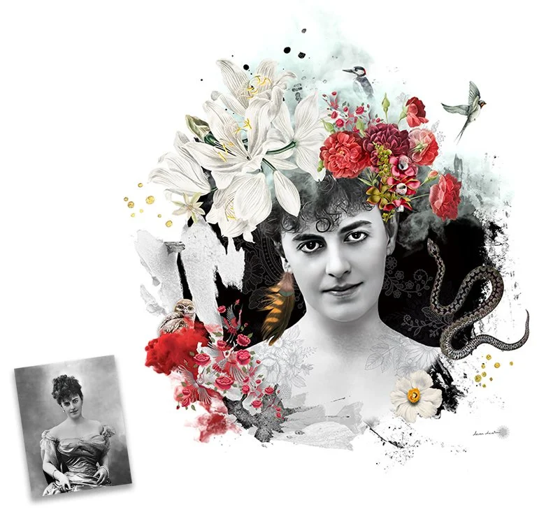 Portrait noir et blanc de la comtesse de Greffulhe (Elizabethe de Caraman-Chimay avec un collage floral coloré et des éléments d'animaux. Travail de mémoire sur les ancêtres. Psychogénéalogie. Généalogie. 