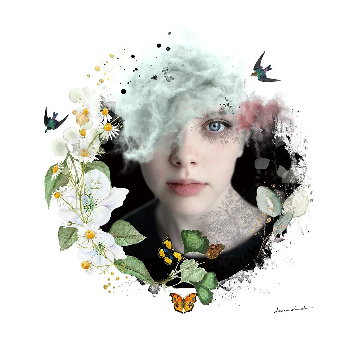 Portrait d'une jeune fille aux yeux bleus entourée de fleurs, d'oiseaux et de papillons avec des éléments de design floral et artistique. Mixed Media Art