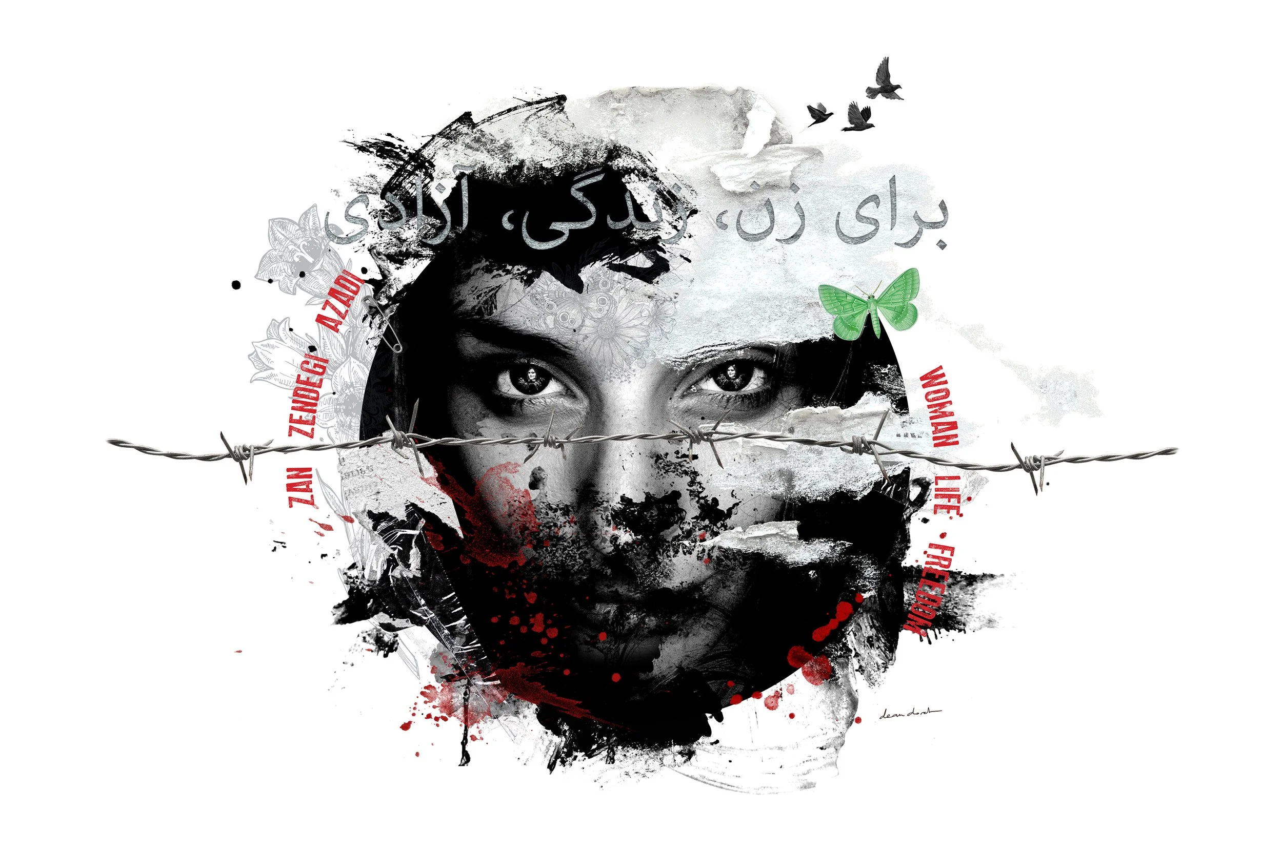 Une illustration artistique en noir et blanc d'un visage féminin en hommage à la lutte contre l'oppression des femmes en Iran. Hommage à Mahsa Amini. Woman Life Freedom. Zan Zendegi Azadi. Mixed Media Art