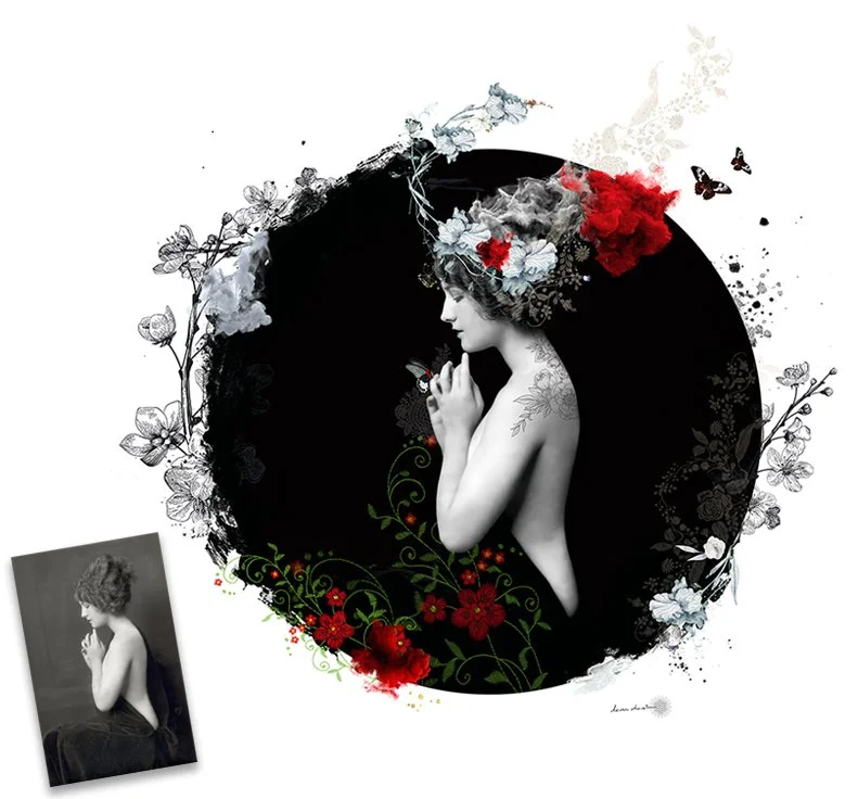 Une image artistique de Norma Shearer en profil, avec des éléments floraux et des papillons autour, dans un style noir et blanc avec des touches de couleur rouge, vert et gris. Travail de mémoire sur les ancêtres. Psychogénéalogie. Généalogie. 