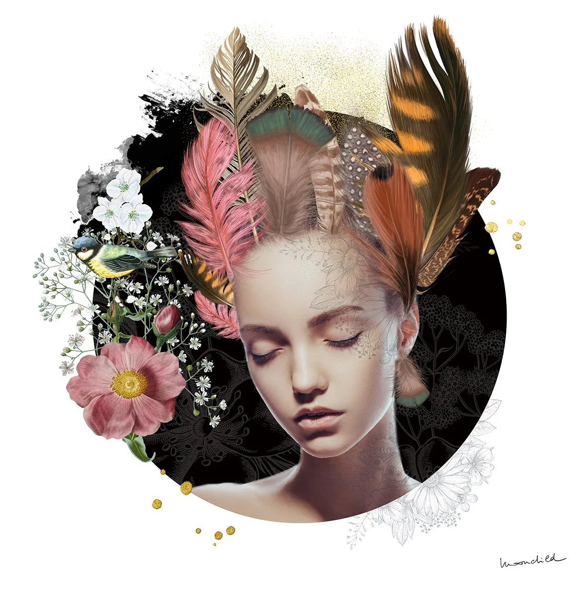 Portrait d'une femme aux yeux fermés avec une tête ornée de plumes colorées, entourée de fleurs, d'oiseaux et de motifs floraux abstraits. Mixed Media Art