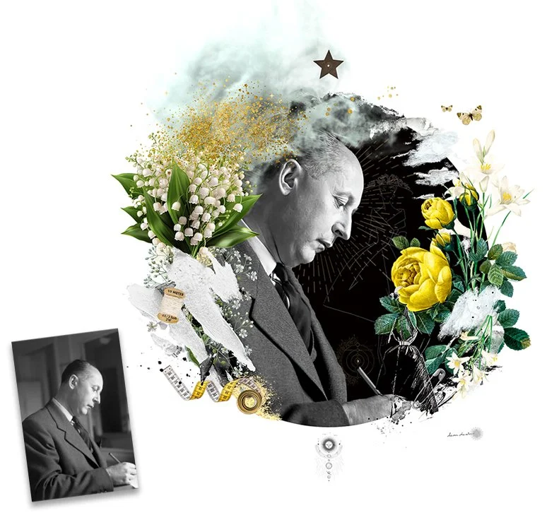 Collage artistique de Christian Dior en costume en train d'écrire, entouré de fleurs jaunes et blanches, de papillons, de cœurs et d'éléments abstraits, avec une photo en noir et blanc en bas à gauche. Travail de mémoire sur les ancêtres. Généalogie