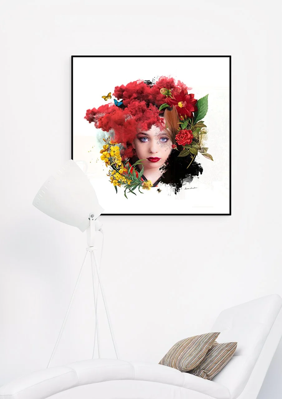 Une œuvre d'art représentant un visage féminin entouré de fleurs rouges, jaunes, verts et noir avec des éléments de nuages de couleur rouge, noire et blanche. Mixed Media Art