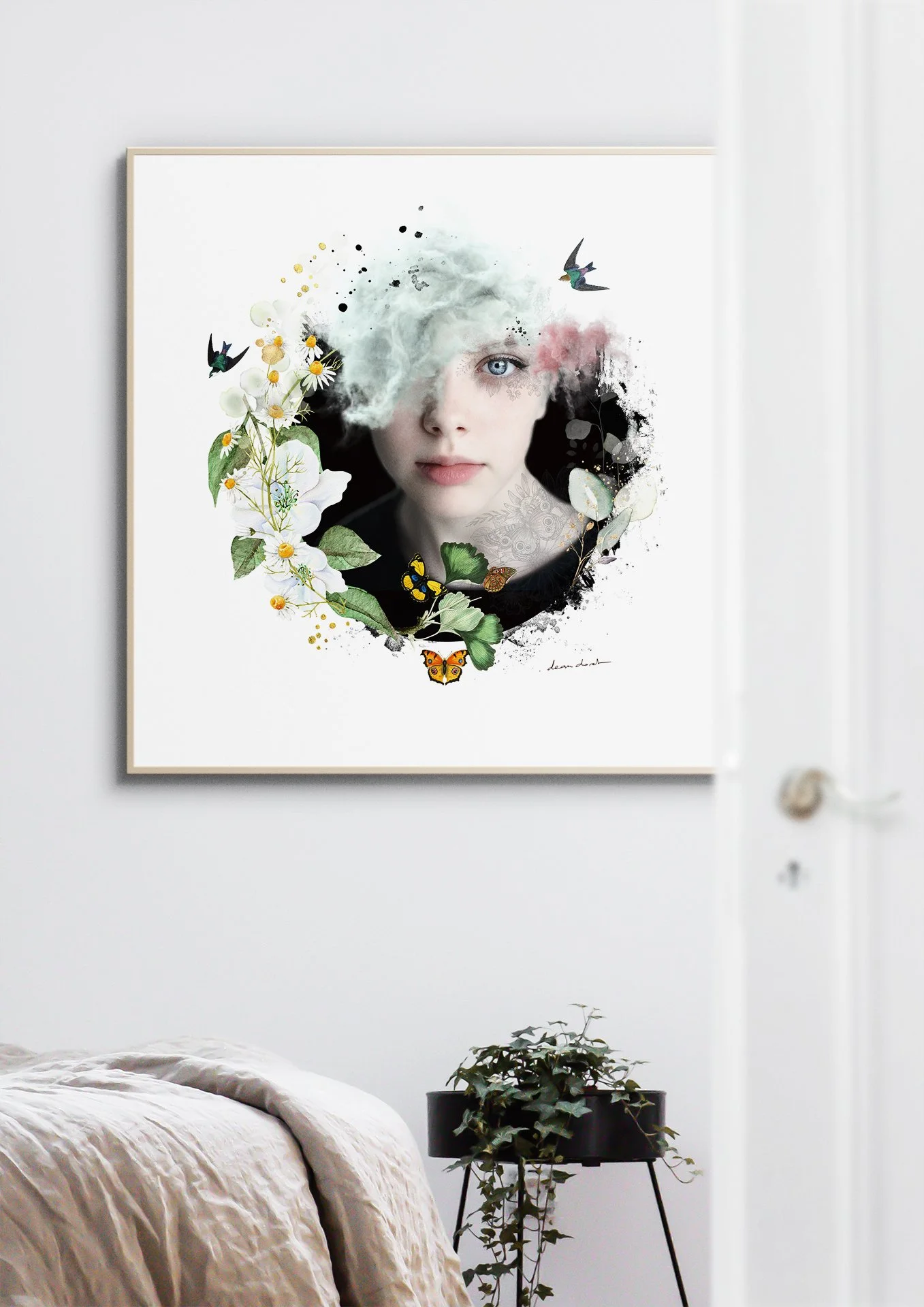 Tableau moderne d'une jeune fille, entourée de fleurs, de papillons et d'effets artistiques. Mixed media art.
