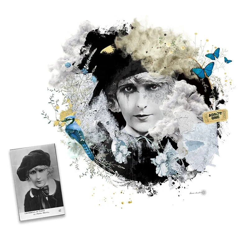 Collage artistique en noir et blanc de Pearl White avec des éléments colorés comme des papillons, des fleurs, un perroquet et un ticket, avec une photo en noir et blanc d'une jeune fille en bas à gauche. Travail de mémoire sur les ancêtres. Psychogén