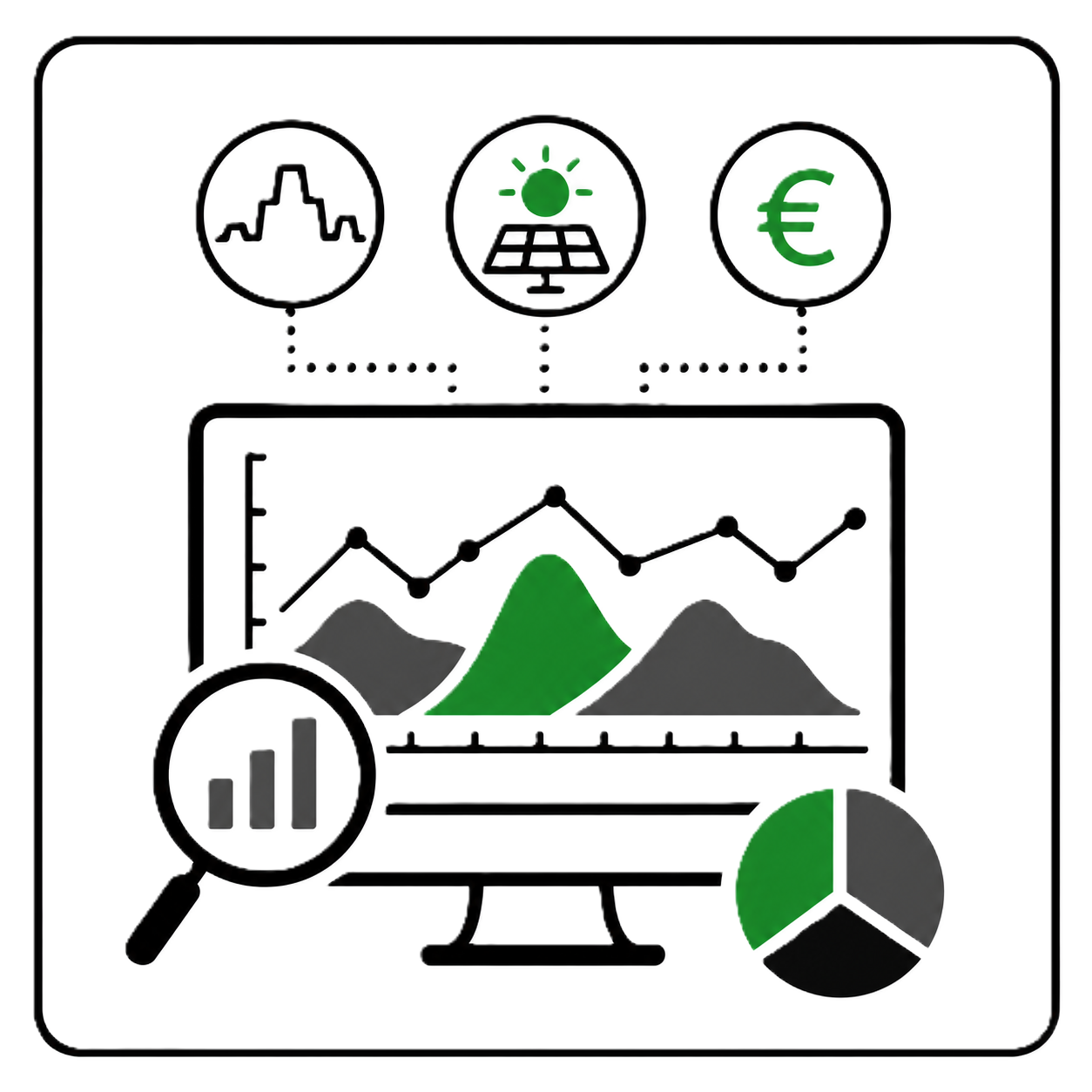 Grafik mit Diagrammen, einer Lupe, Globen, Sonnen- und Solarpanel-Icons, einem Euro-Symbol und einer Pie Chart, die zusammen Datenanalyse und erneuerbare Energien darstellen.