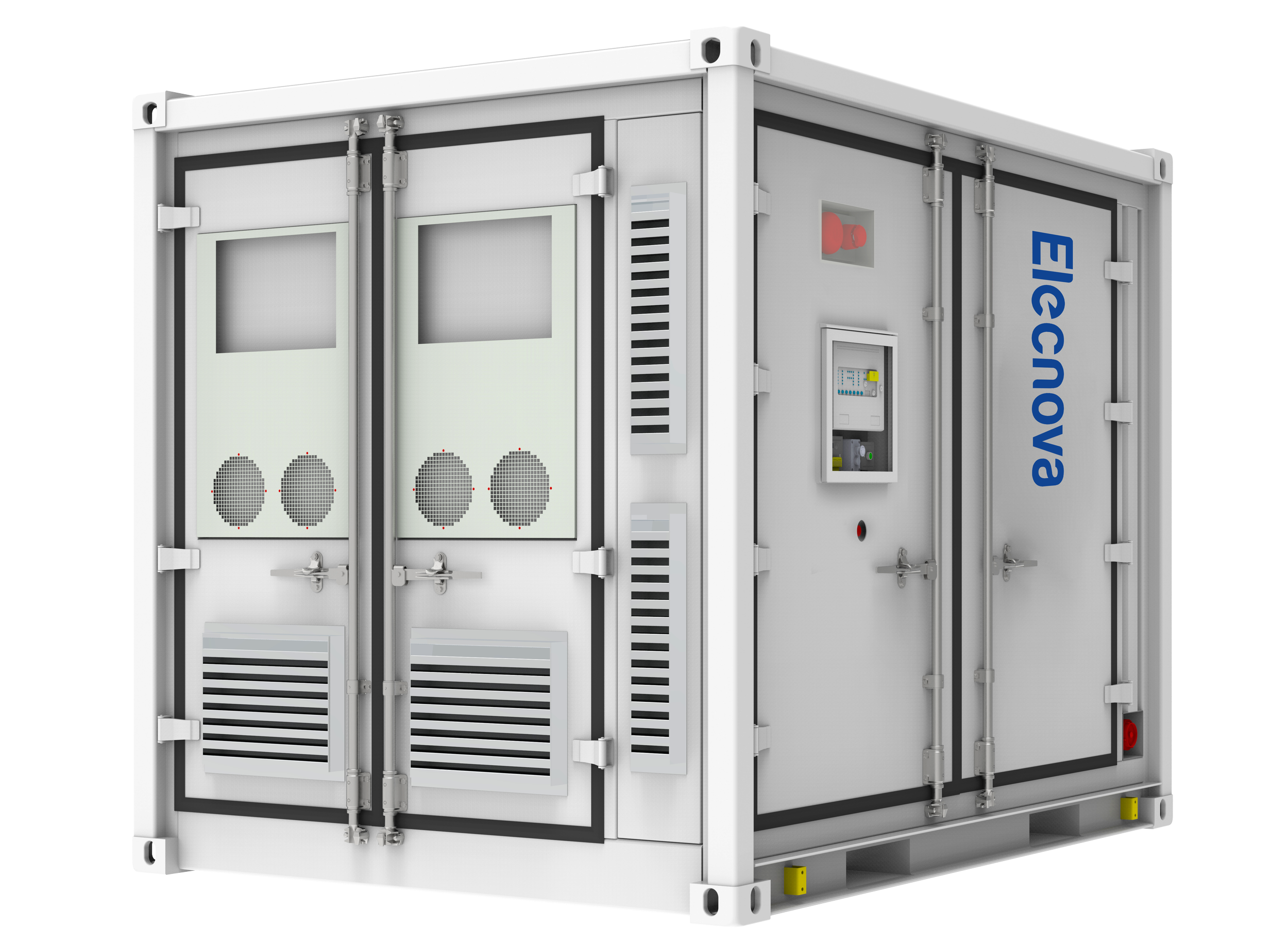 Ein Batteriecontainer für die Stromversorgung mit mehreren Türen, Metallrahmen, Ventilatoren, Steuerungselementen und Lichtern. 