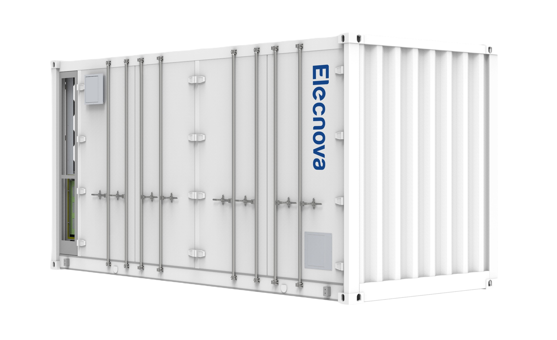 Ein Batteriecontainer für die Stromversorgung mit mehreren Türen, Metallrahmen, Ventilatoren, Steuerungselementen und Lichtern. 