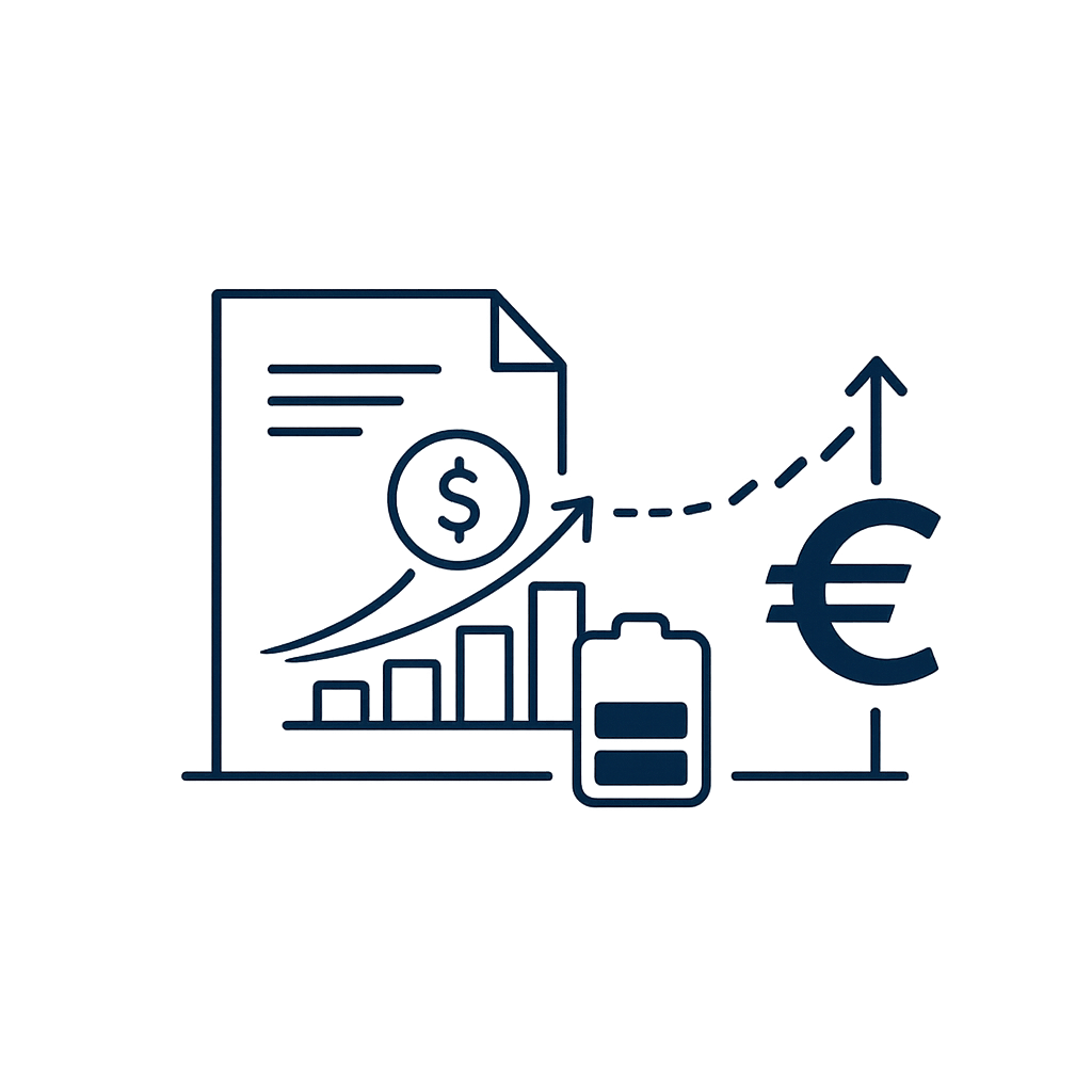 Grafik mit aufsteigenden Linien, Münzsymbol, Diagramme, Akku, Dokument mit Dollarzeichen, Eurozeichen und aufsteigender Kurve, die wirtschaftliches Wachstum und Finanzentwicklung darstellen.