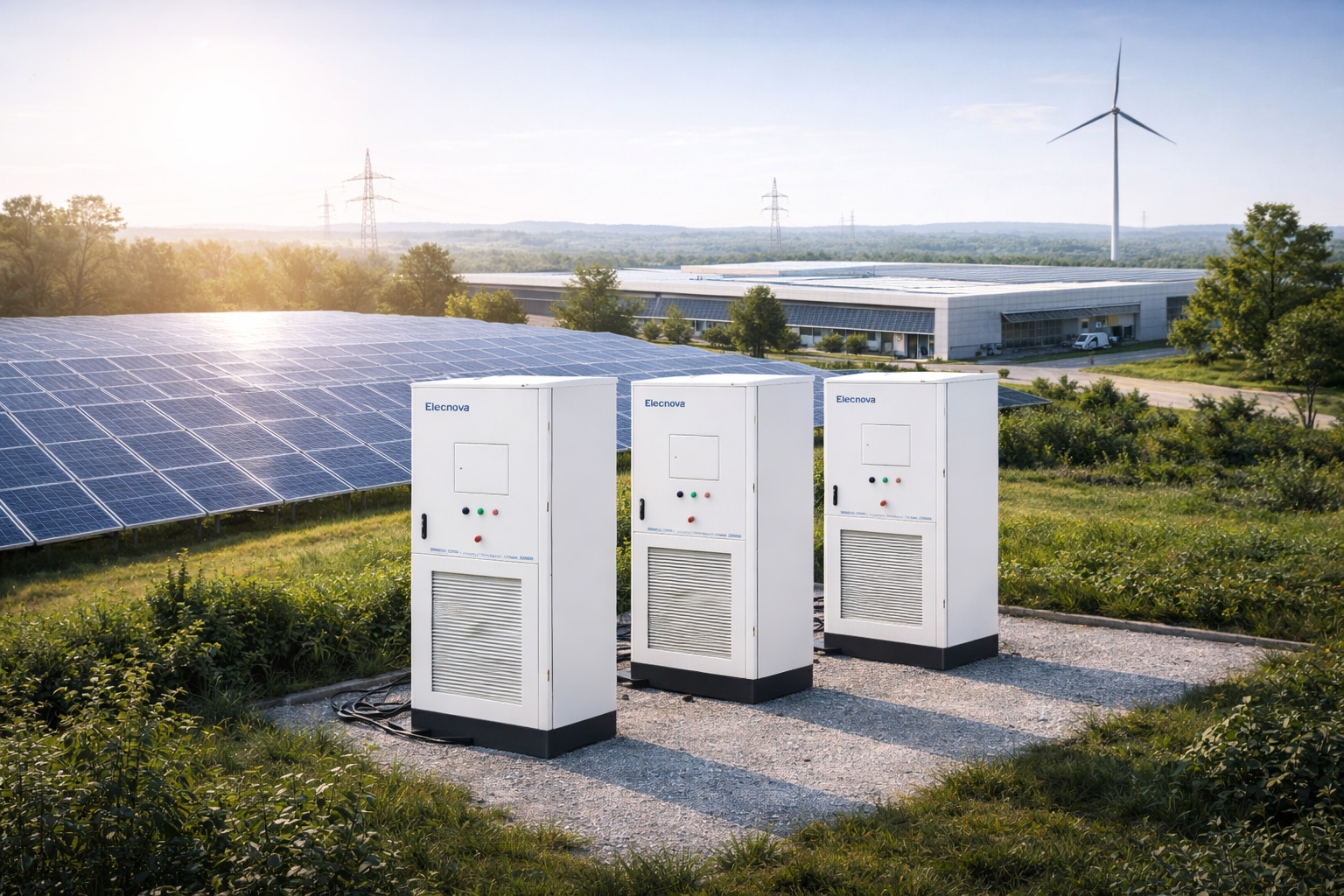 Drei Batteriespeicher vor einer Solaranlage und einem Windkraftwerk im Hintergrund