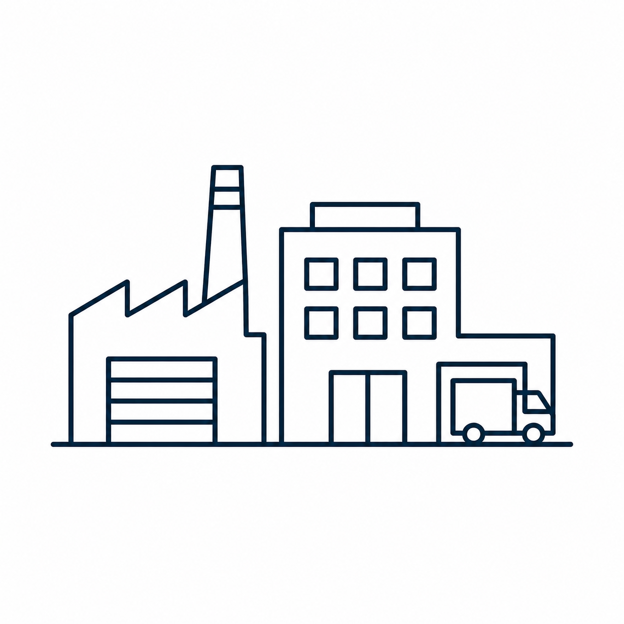 Linienzeichnung einer Fabrik mit zugehörigem Lagerhaus und Lieferwagen